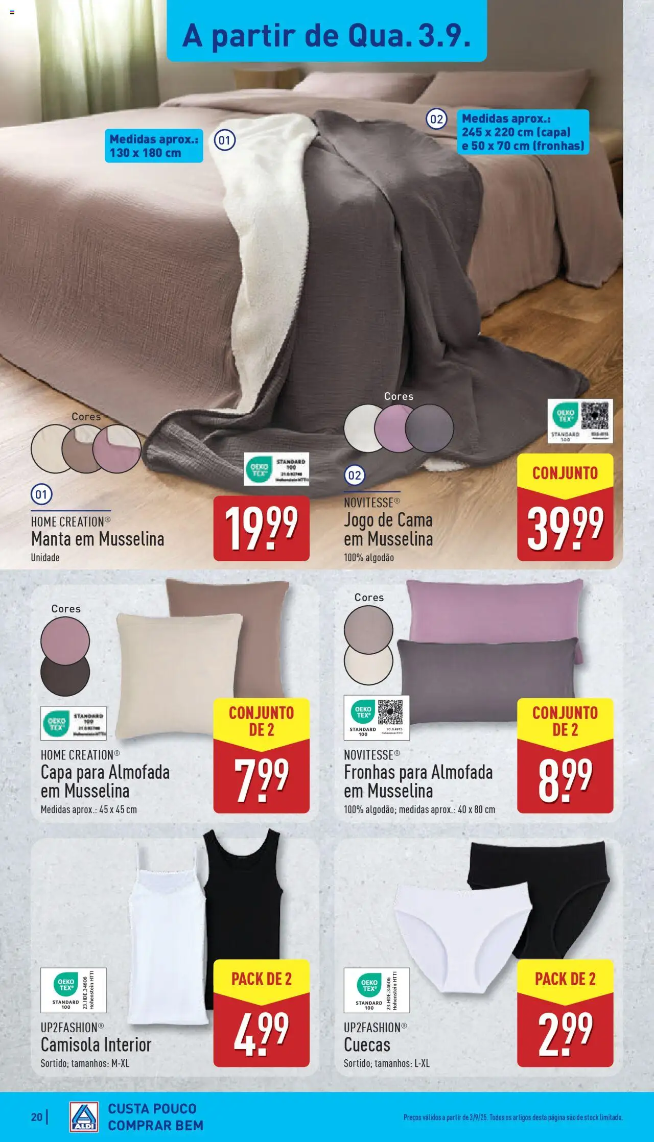 Aldi folheto │ válido de 01.09.2025 | Página: 20 | Produtos: Jogo de cama, Cama, Almofada, Camisola