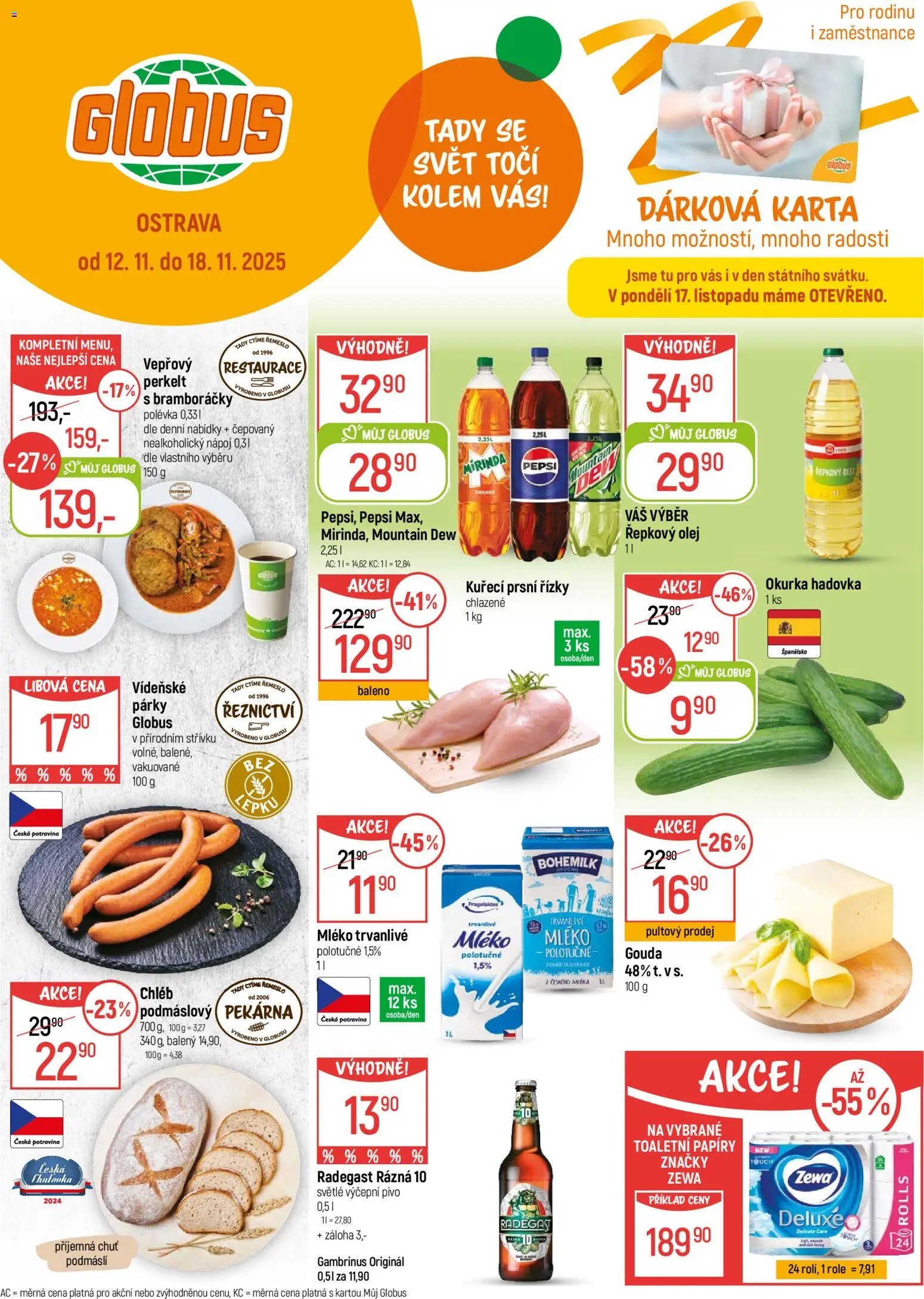 Globus leták - Ostrava od 12.11.2025 | Strana: 1 | Produkty: Gouda, Chléb, Pepsi, Podmáslí