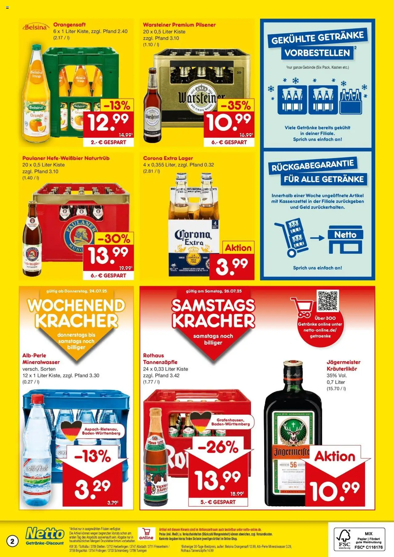 Netto Marken-Discount prospekt Tuningen	 - gültig ab dem 21.07.2025 | Seite: 2 | Produkte: Orangensaft, Mineralwasser, Jägermeister, Warsteiner