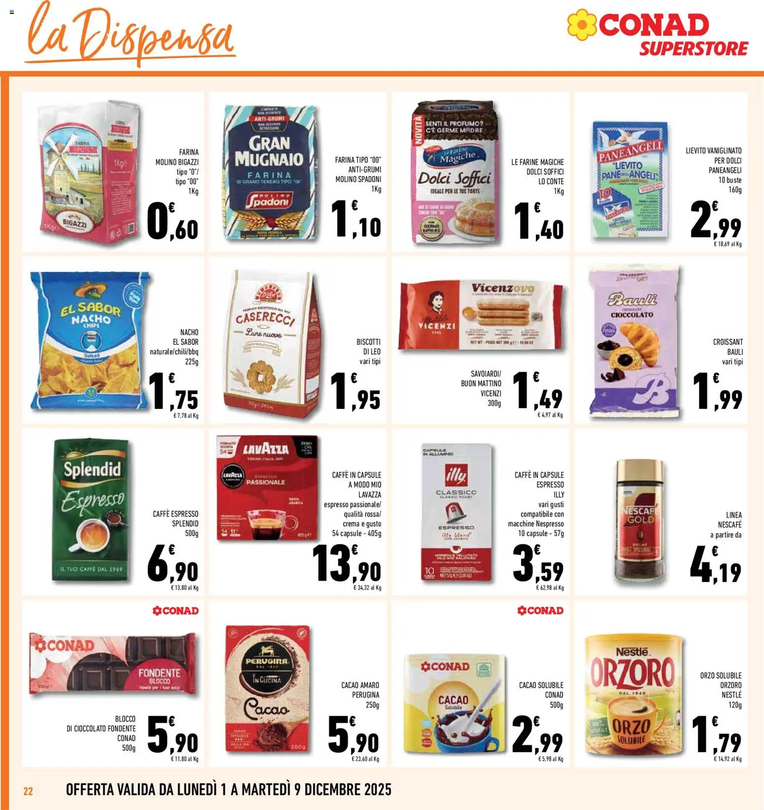 Volantino Conad del 01.12.2025 | Pagina: 22 | Prodotti: Caffè, Biscotti, Croissant, Cacao