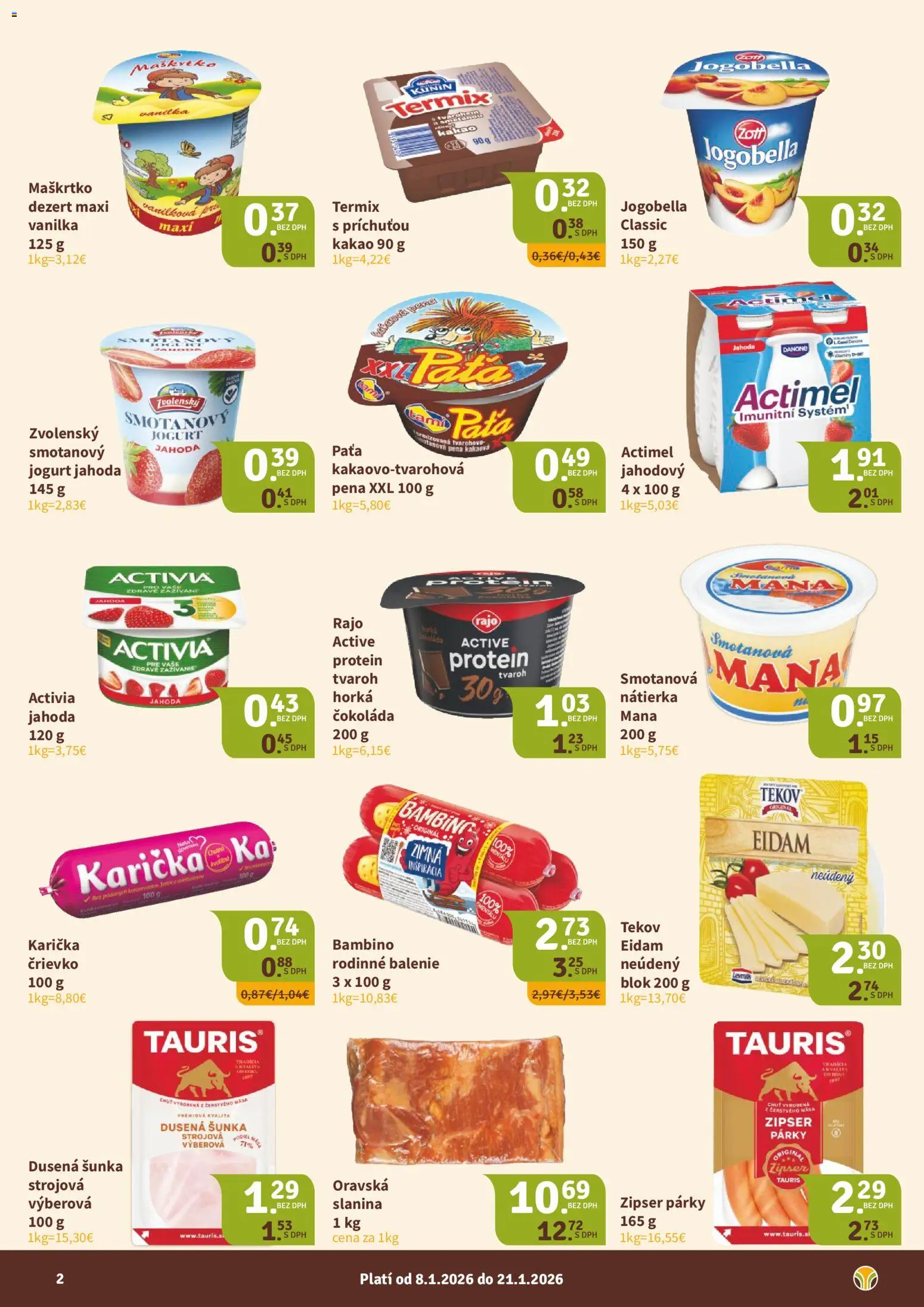 Nové Nitrazdroj akcie – leták je platný od 08.01.2026 | Strana: 2 | Produkty: Jogurt, Slanina, Protein, Tvaroh