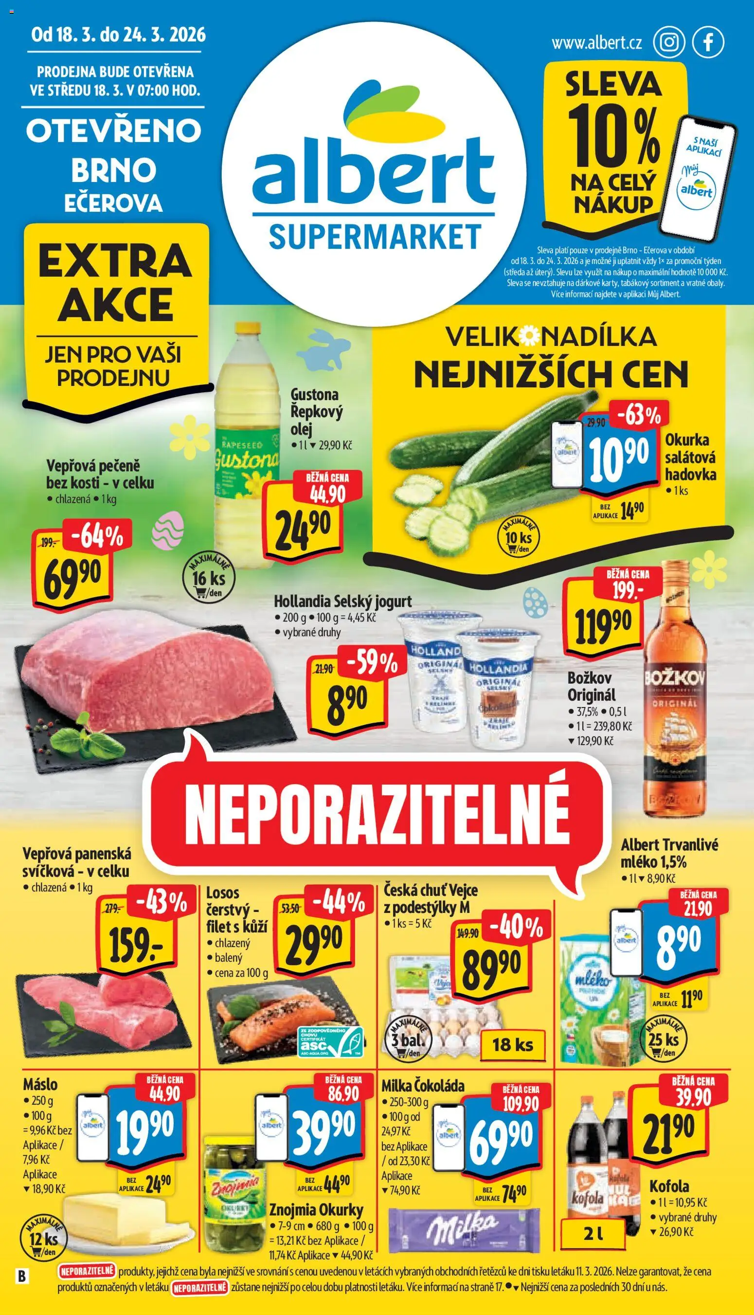 Albert leták - Supermarket - Brno od 18.03.2026 | Strana: 1 | Produkty: Vepřová pečeně, Losos, Filet, Božkov