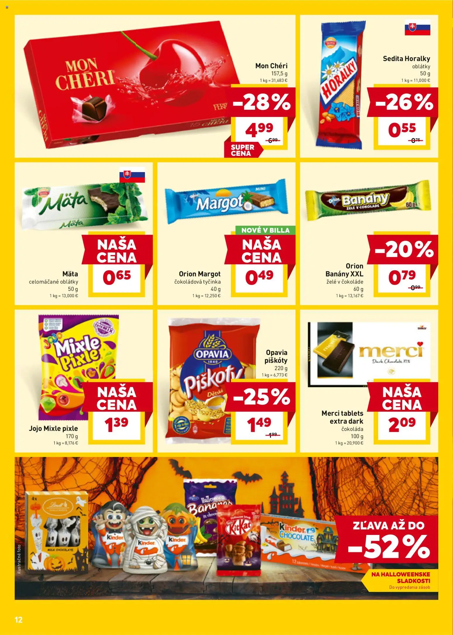Nové Billa akcie – leták je platný od 29.10.2025 | Strana: 12 | Produkty: Kinder, Mon Chéri, Čokoláda, Horálky