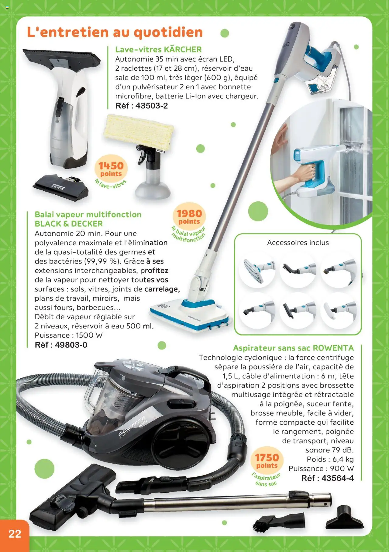 {H1} | Page: 22 | Produits: Aspirateur, Mais, Réservoir d'eau, Balai