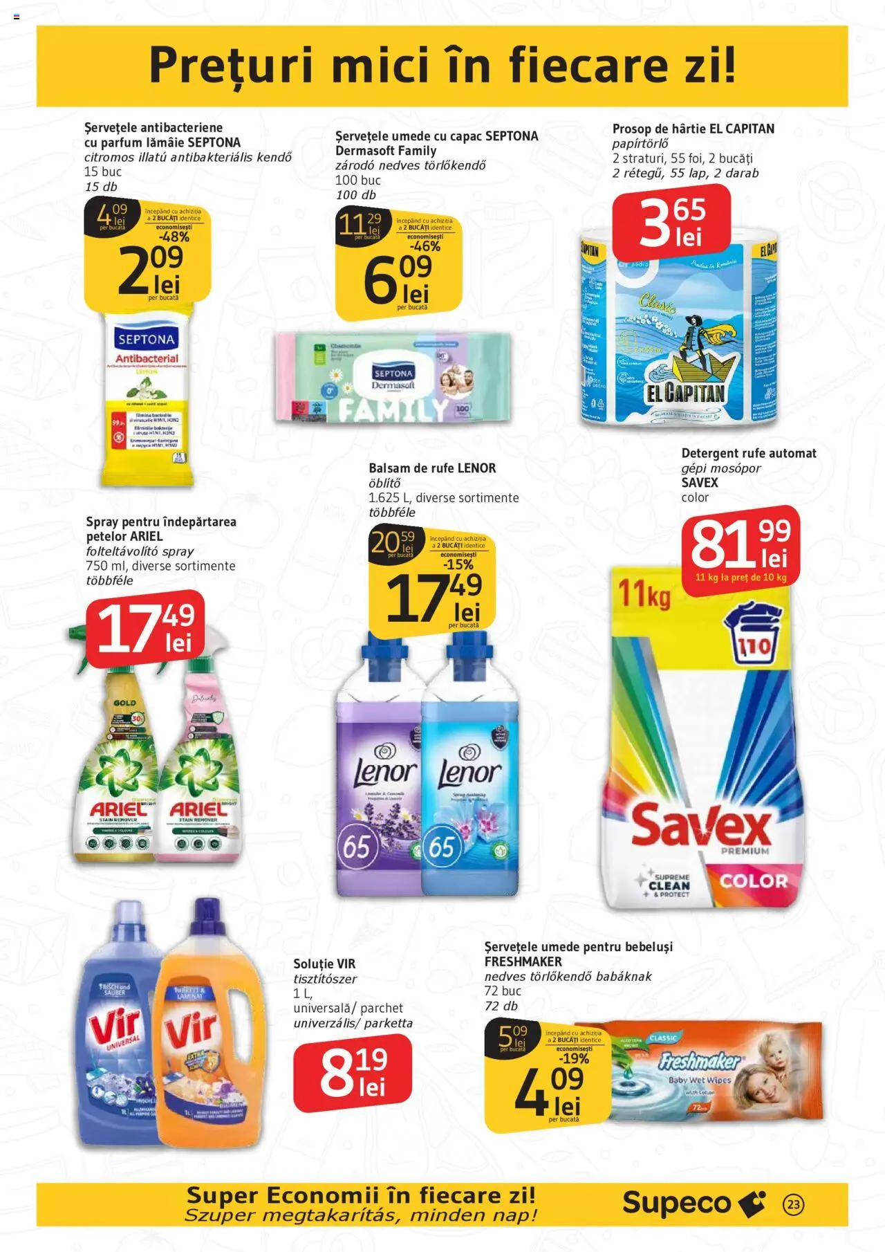 Catalog Supeco Bilingv – valabil de la 21.08.2025 | Pagină: 23 | Produse: Mici, Detergent, Șervețele umede, Lămâie