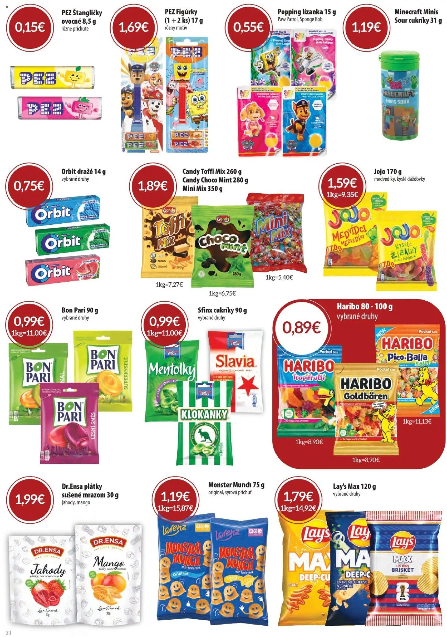 Nové CBA Komfos akcie – leták je platný od 07.05.2026 | Strana: 21 | Produkty: Cukríky, Jahody, Mango