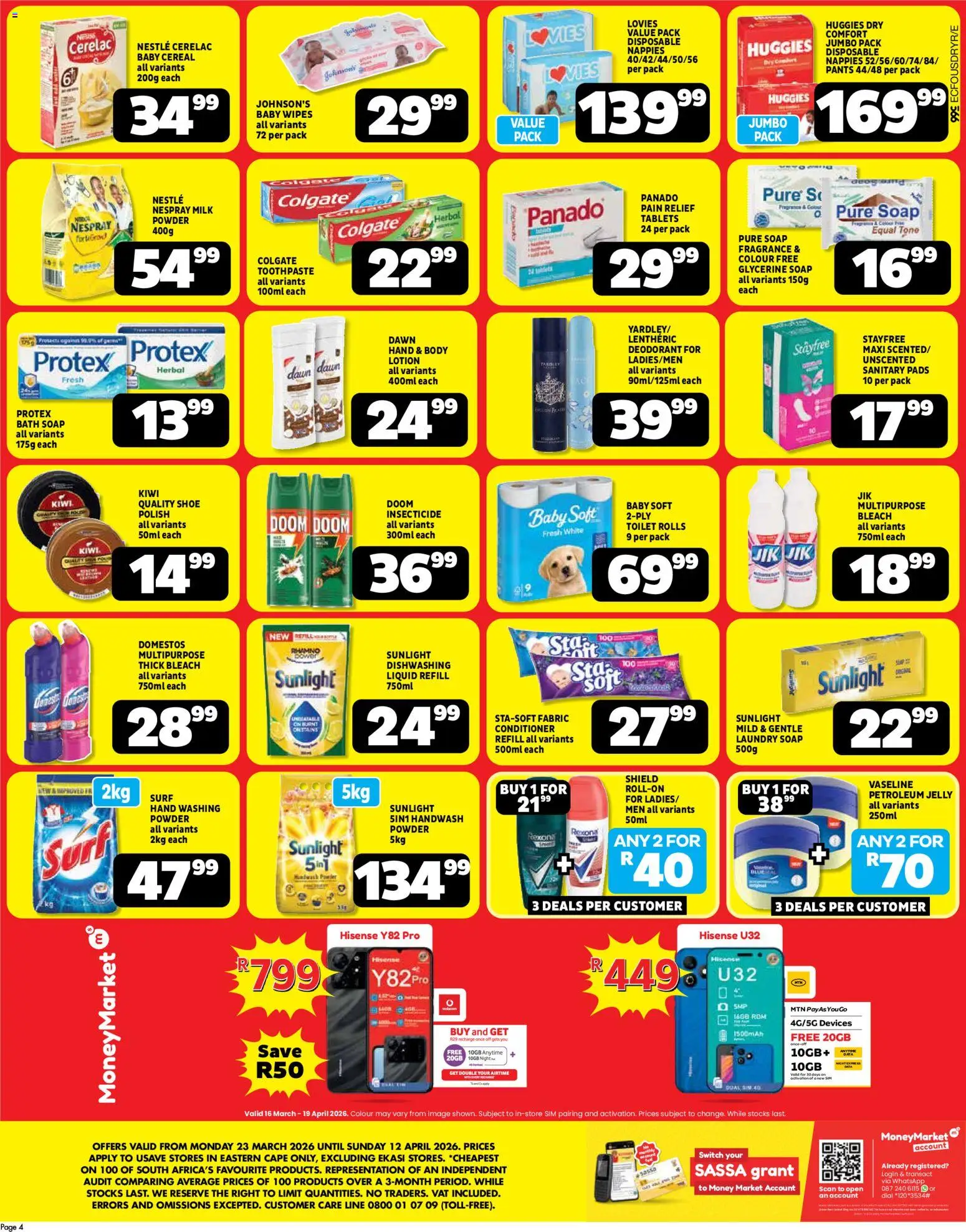 New Usave catalogue – valid from 23.03.2026 | Page: 4 | Products: Pads, Kiwi, Nappies, Lotion