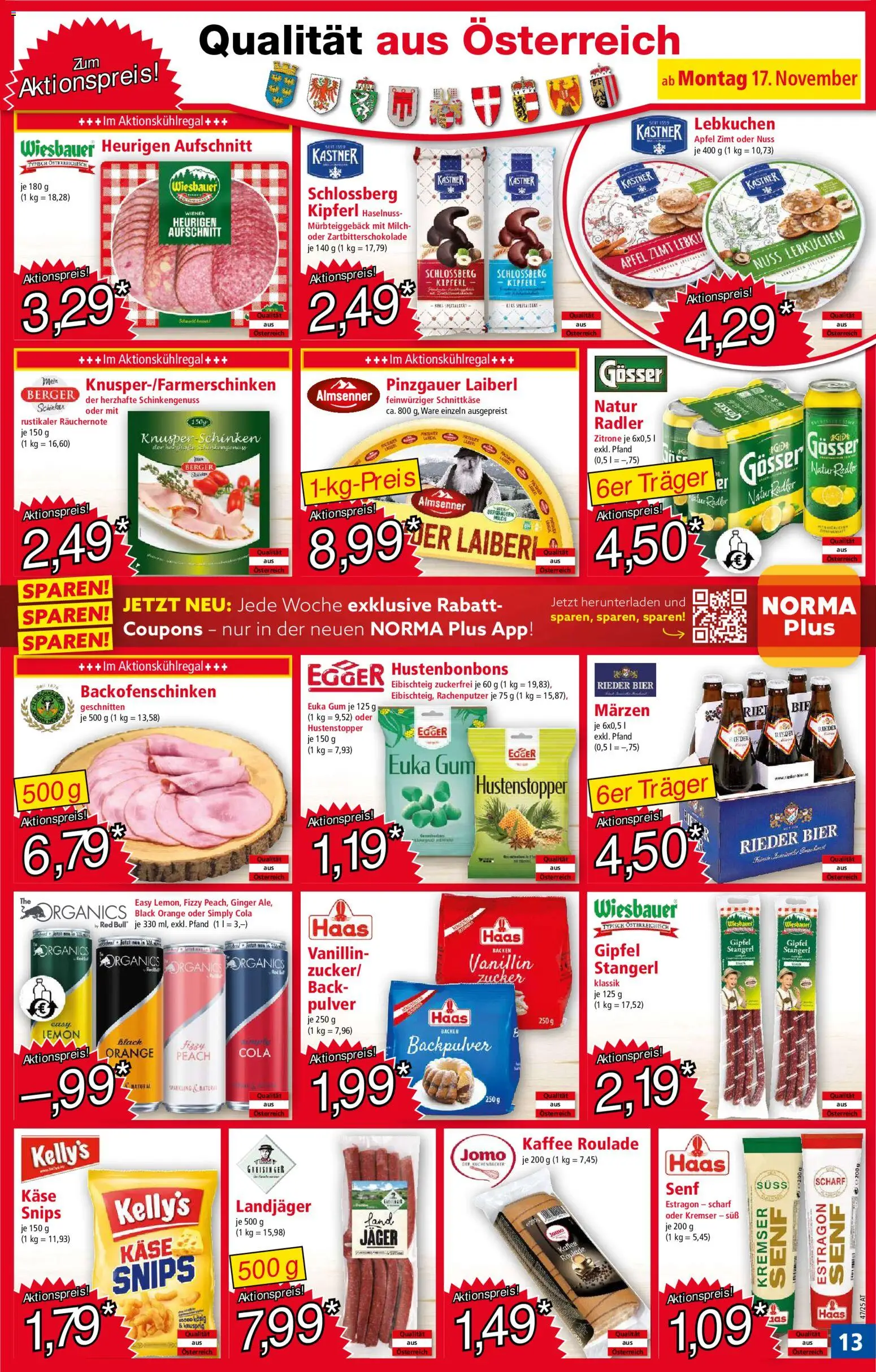 Norma Flugblatt gültig ab 17.11.2025 | Seite: 13 | Produkte: Zitrone, Käse, Schinken, Bier