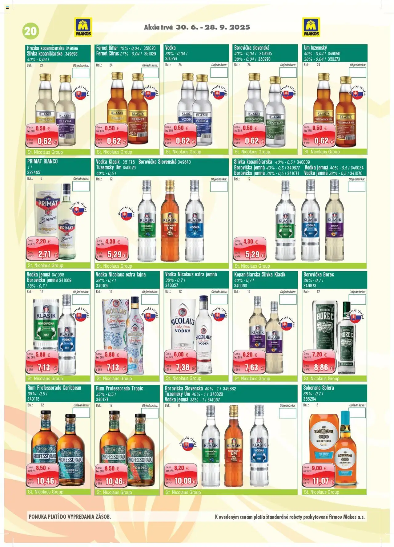 Makos leták │ platný od 30.06.2025 | Strana: 20 | Produkty: Borovička, Vodka, Fernet, Nicolaus vodka