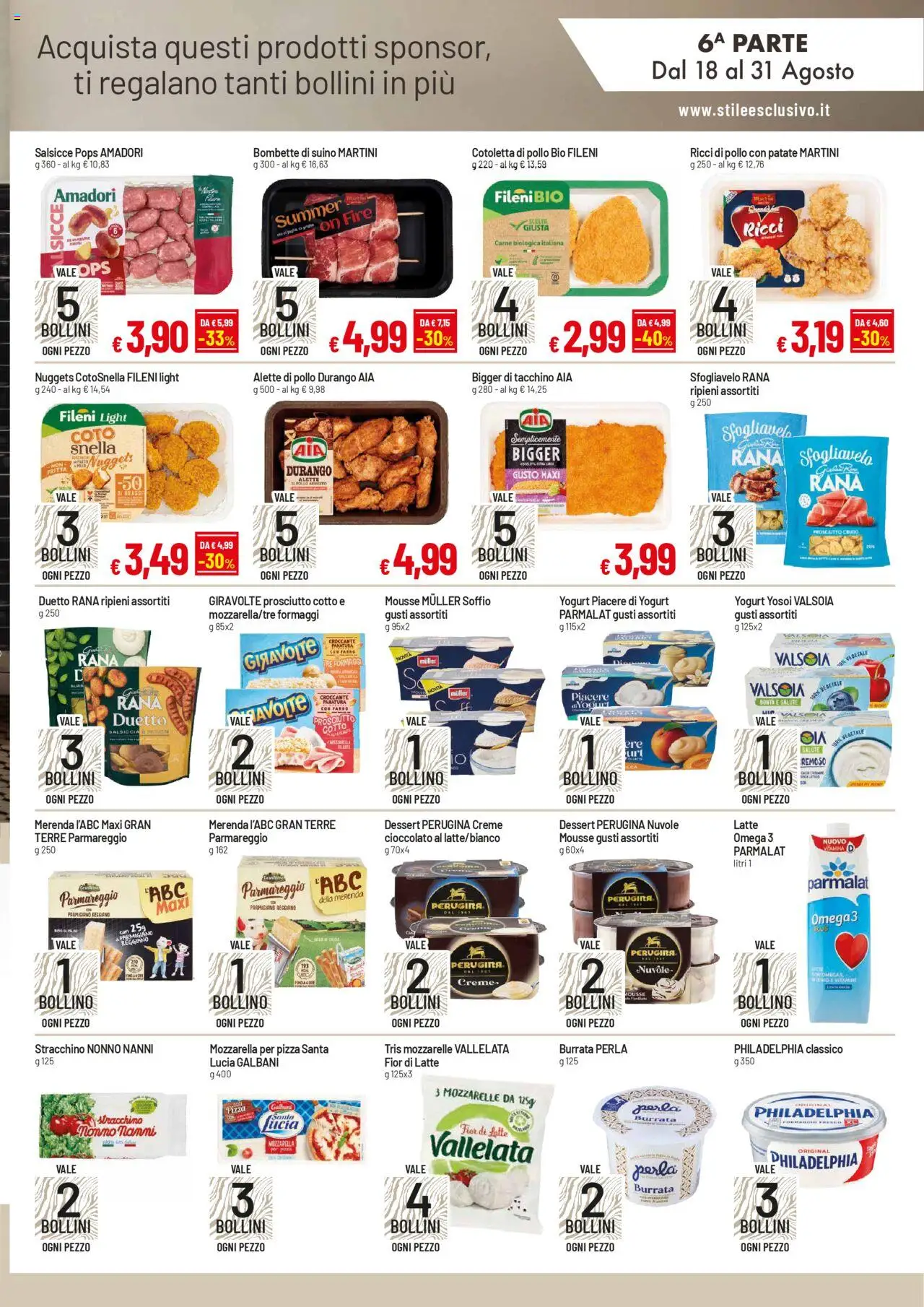 Volantino Famila del 18.08.2025 | Pagina: 3 | Prodotti: Nuggets, Mozzarella, Salsiccia, Parmigiano reggiano