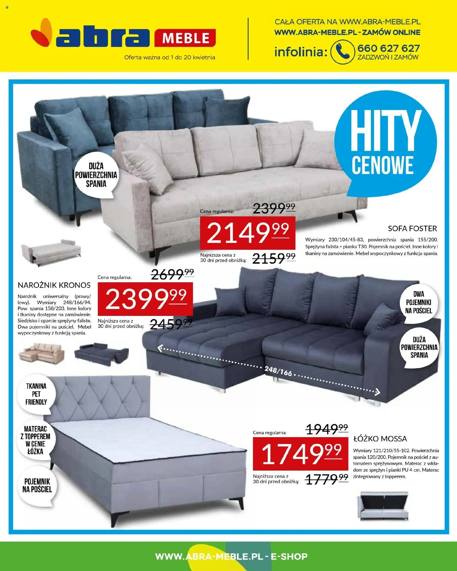 Abra meble gazetka od 01.04.2026 | Strona: 1 | Produkty: Pościel, Łóżko, Materac, Sofa