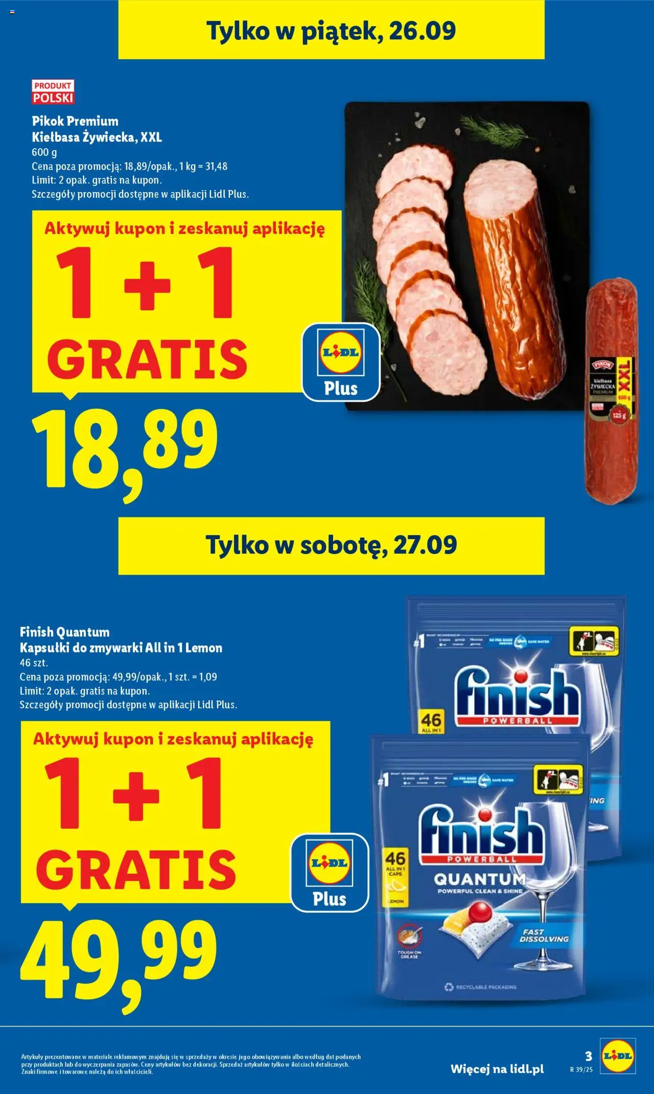 Lidl Gazetka od 25.09.2025 | Strona: 3 | Produkty: Kiełbasa, Finish, Kapsułki do zmywarki