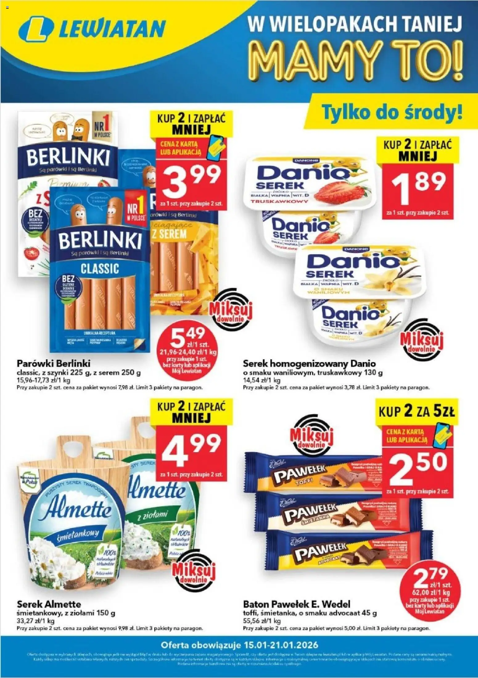 Lewiatan gazetka - W wielopakach taniej od 15.01.2026 | Strona: 1 | Produkty: Karta, Parówki berlinki, Serek homogenizowany, Serek