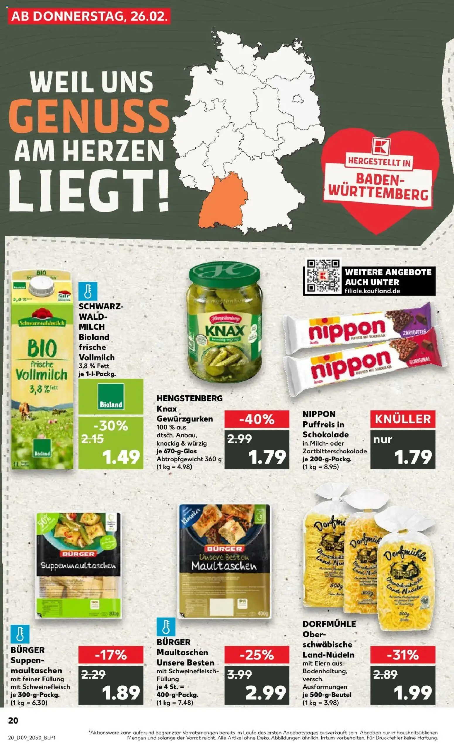 Kaufland prospekt Wendlingen Am Neckar	 – gültig ab 26.02.2026 | Seite: 20 | Produkte: Milch, Schokolade, Burger, Maultaschen