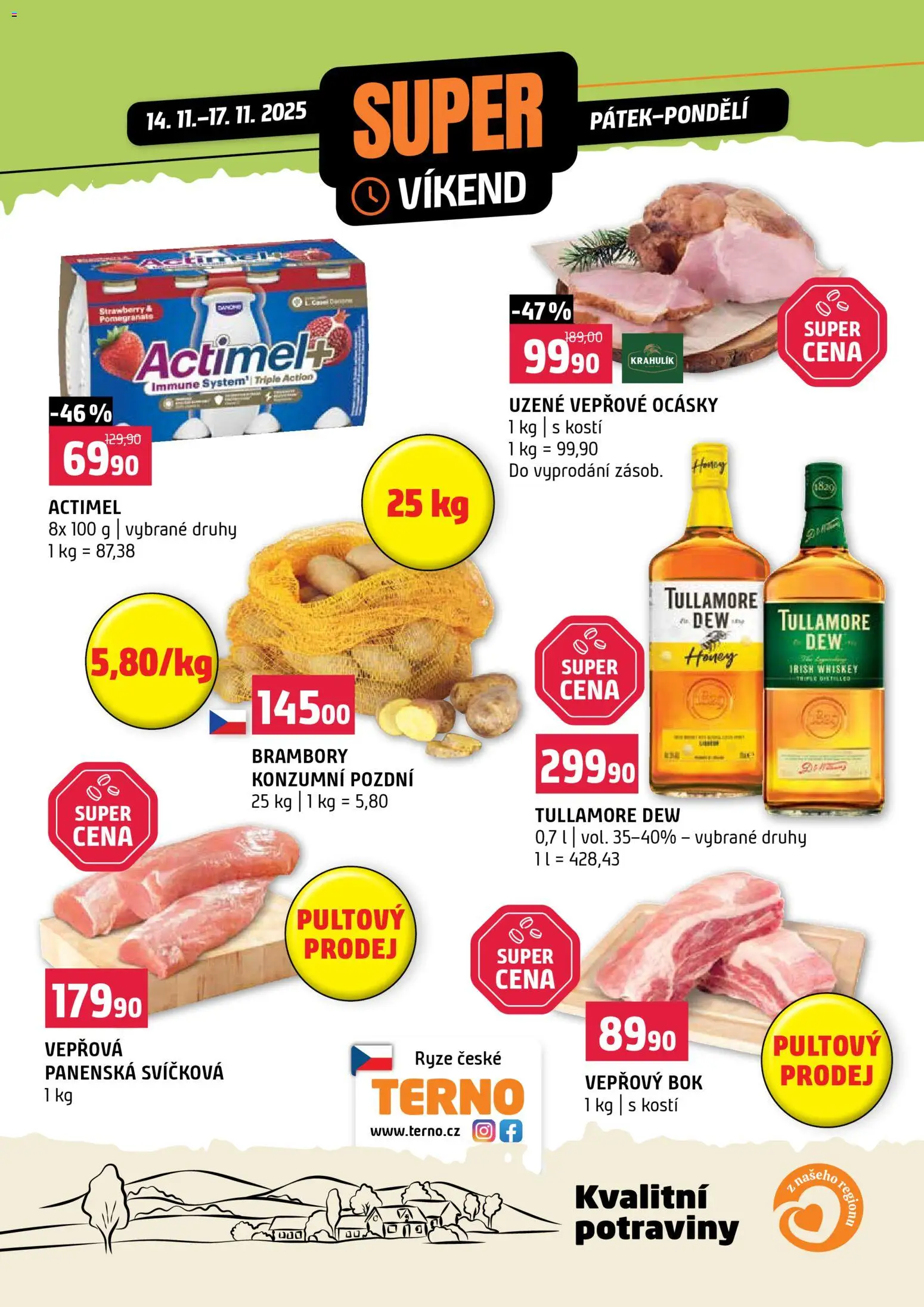 Terno leták - Super víkend od 14.11.2025 | Strana: 1 | Produkty: Whiskey, Rýže, Actimel, Tullamore Dew