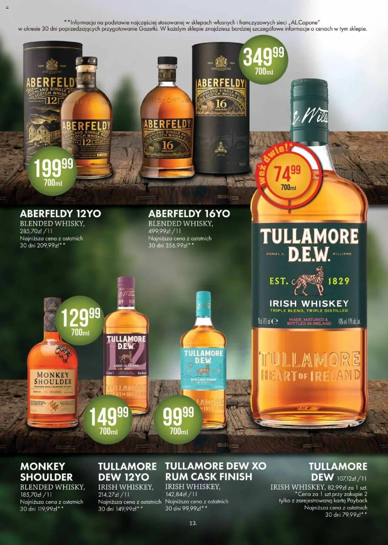Al.Capone Gazetka od 09.06.2025 | Strona: 13 | Produkty: Karta, Tullamore Dew, Rum, Monkey shoulder