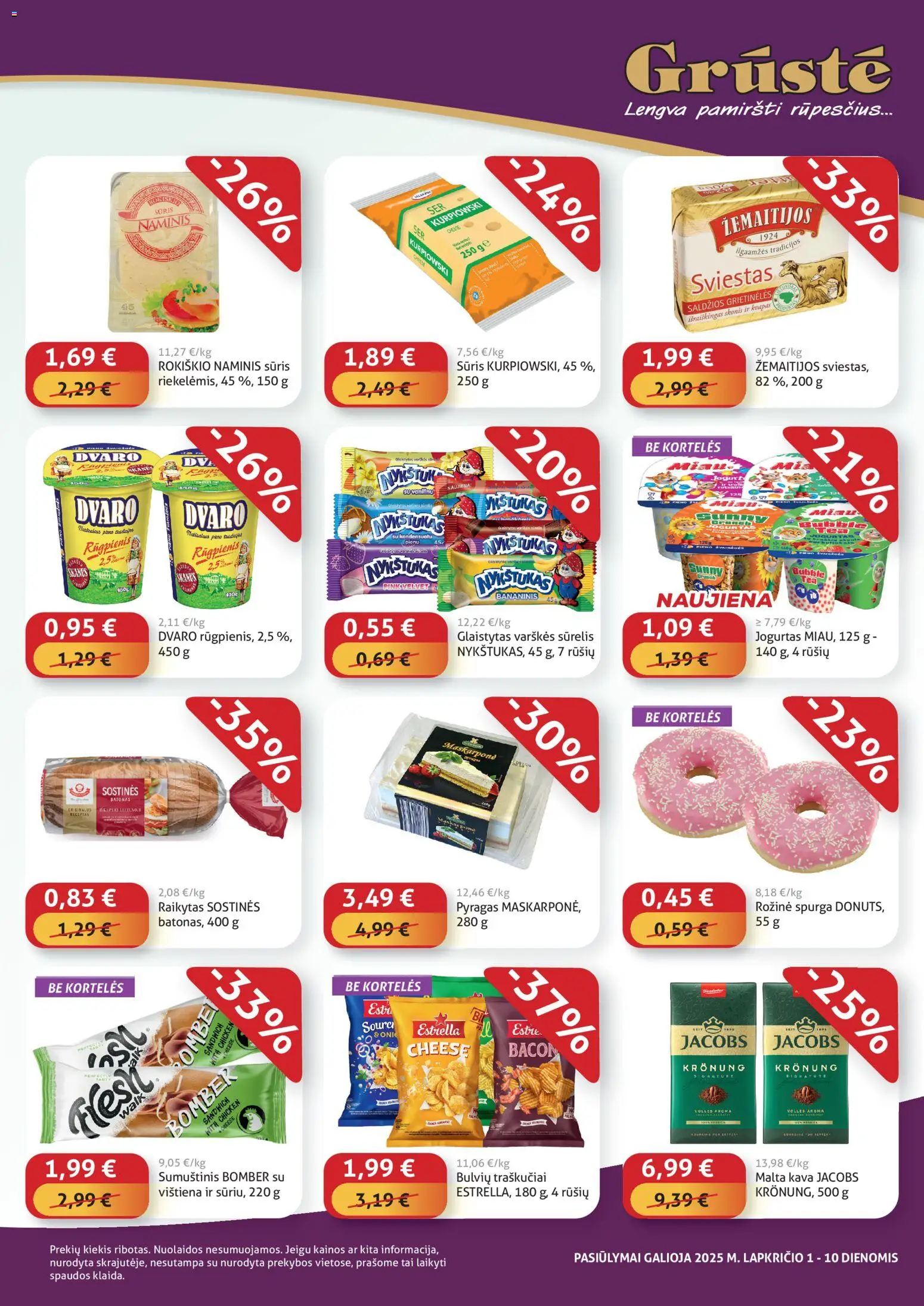 GRUSTE akcijos nuo 01.11.2025 | Puslapis: 3 | Prekių: Sumuštinis, Jogurtas, Sviestas, Kava