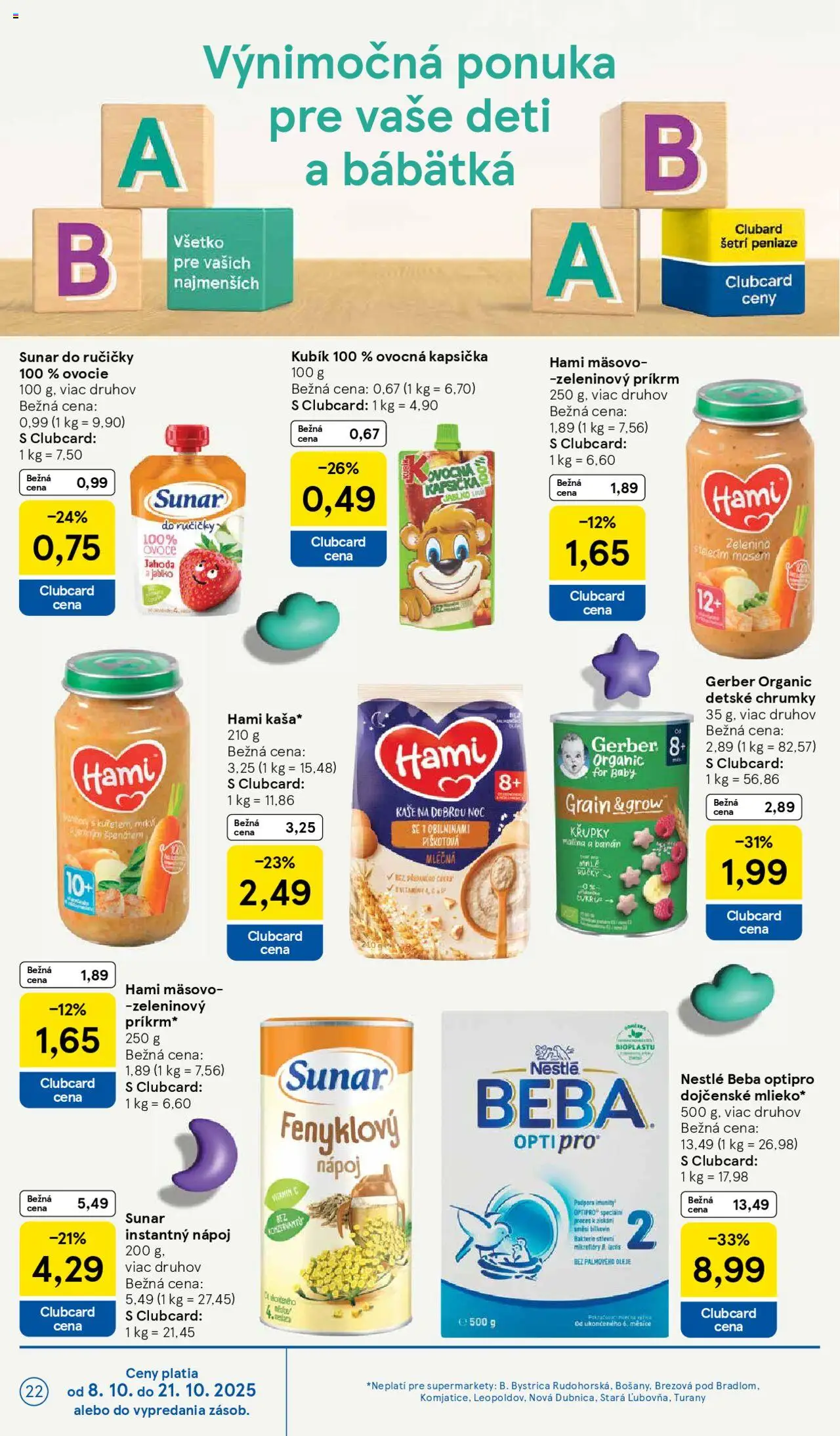 Nové Tesco akcie – leták je platný od 08.10.2025 | Strana: 22 | Produkty: Sunar, Ovocie, Beba