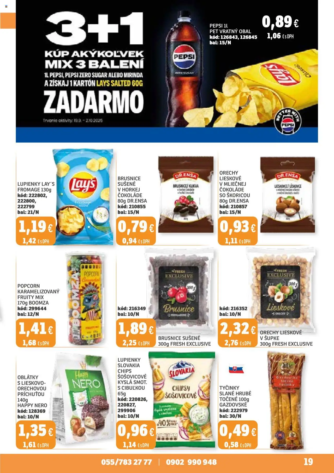 Nové Labaš akcie – leták je platný od 19.09.2025 | Strana: 19 | Produkty: Chipsy, Orechy, Pepsi, Mirinda