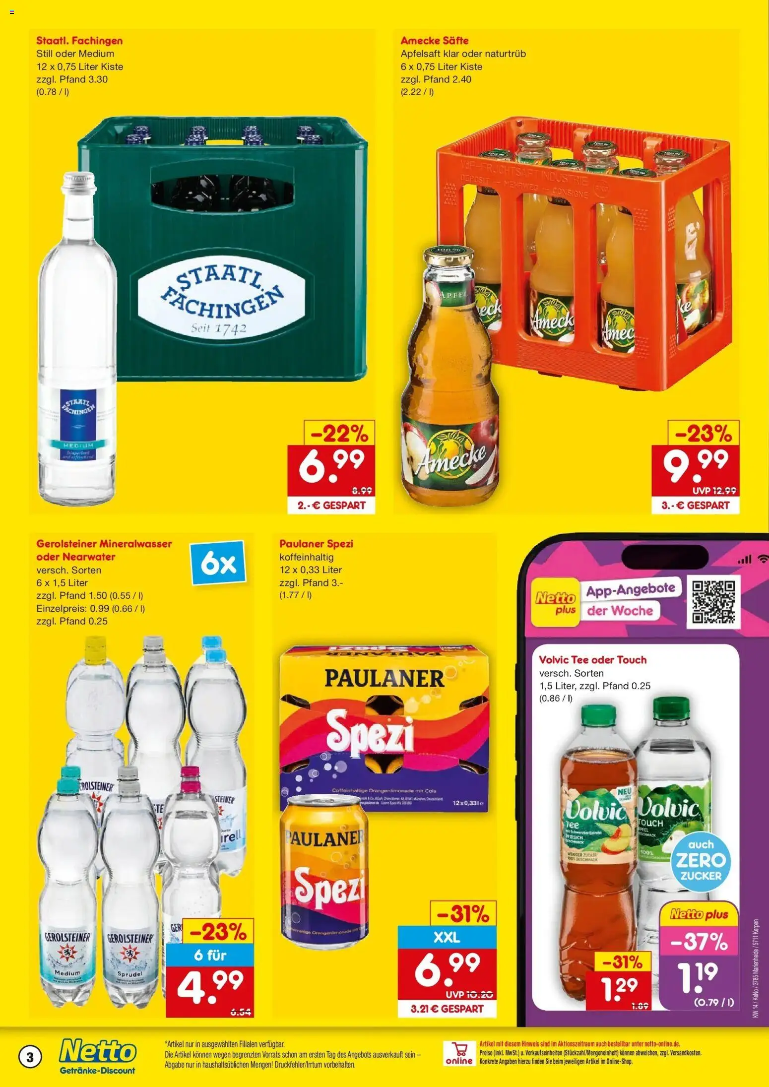 Netto Marken-Discount Prospekt Marienheide	 – gültig ab 30.03.2026 | Seite: 3 | Produkte: Cola, Volvic tee, Apfelsaft, Pfirsich