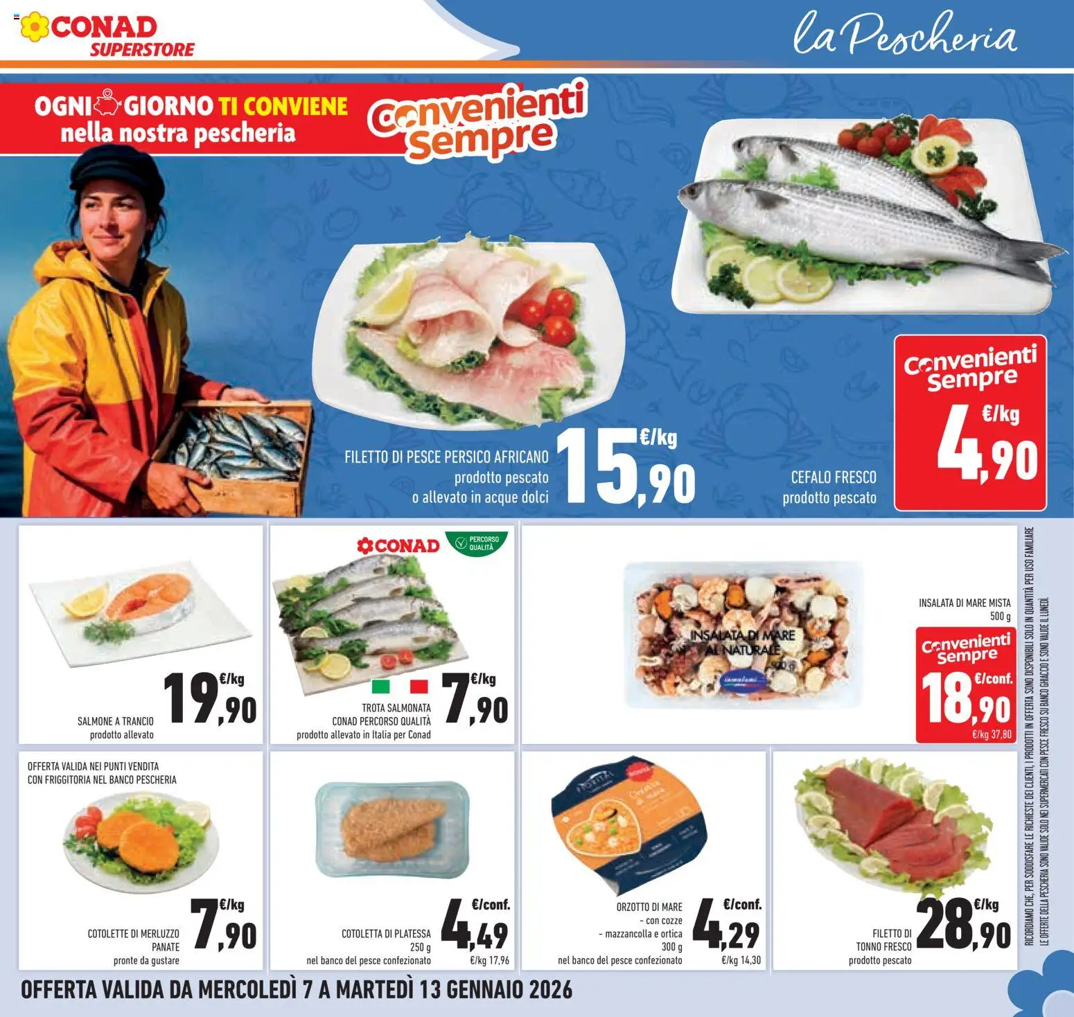 Volantino Conad del 07.01.2026 | Pagina: 13 | Prodotti: Salmone, Merluzzo, Cozze, Insalata