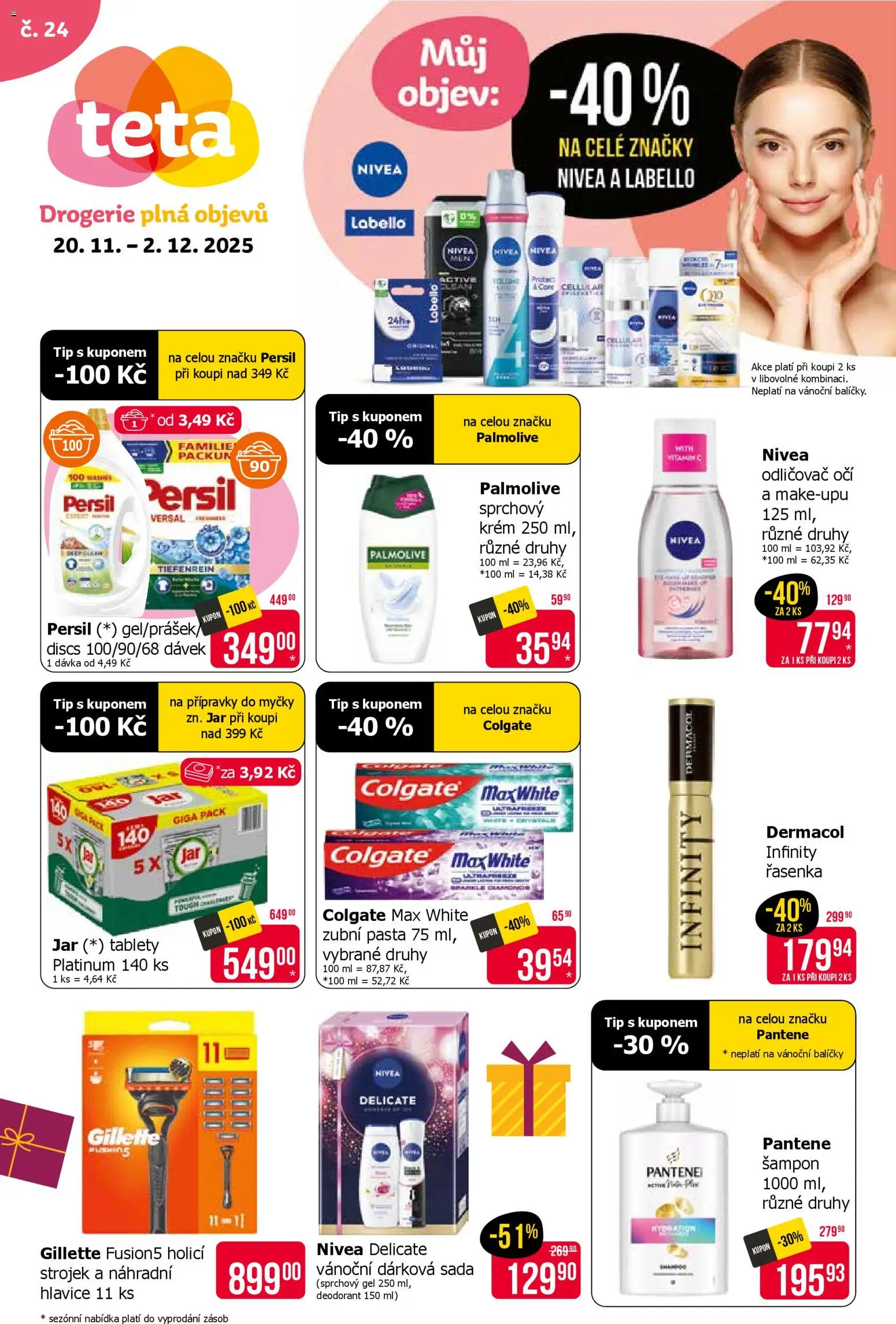 TETA Drogerie leták od 20.11.2025 | Strana: 1 | Produkty: Sprchový gel, Nivea, Gillette Fusion5, Odličovač očí