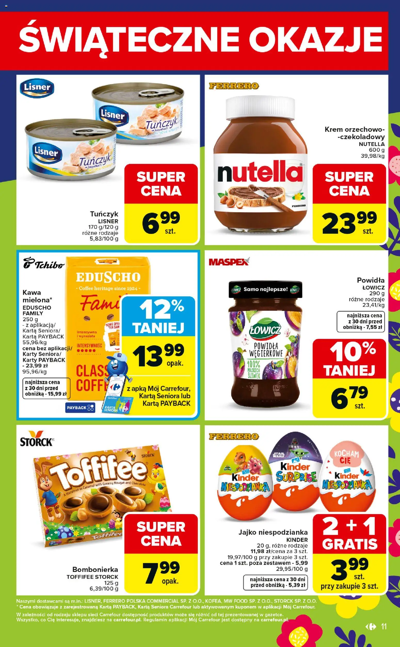Carrefour gazetka - Świąteczne Okazje Już Od Środy od 01.04.2026 | Strona: 11 | Produkty: Toffifee, Powidła, Jajko niespodzianka, Krem