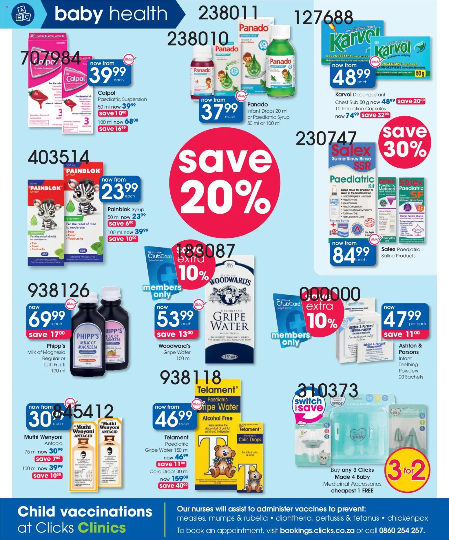 New Clicks catalogue – valid from 23.04.2026 | Page: 8 | Products: Milk, Syrup, Water, Nasal spray