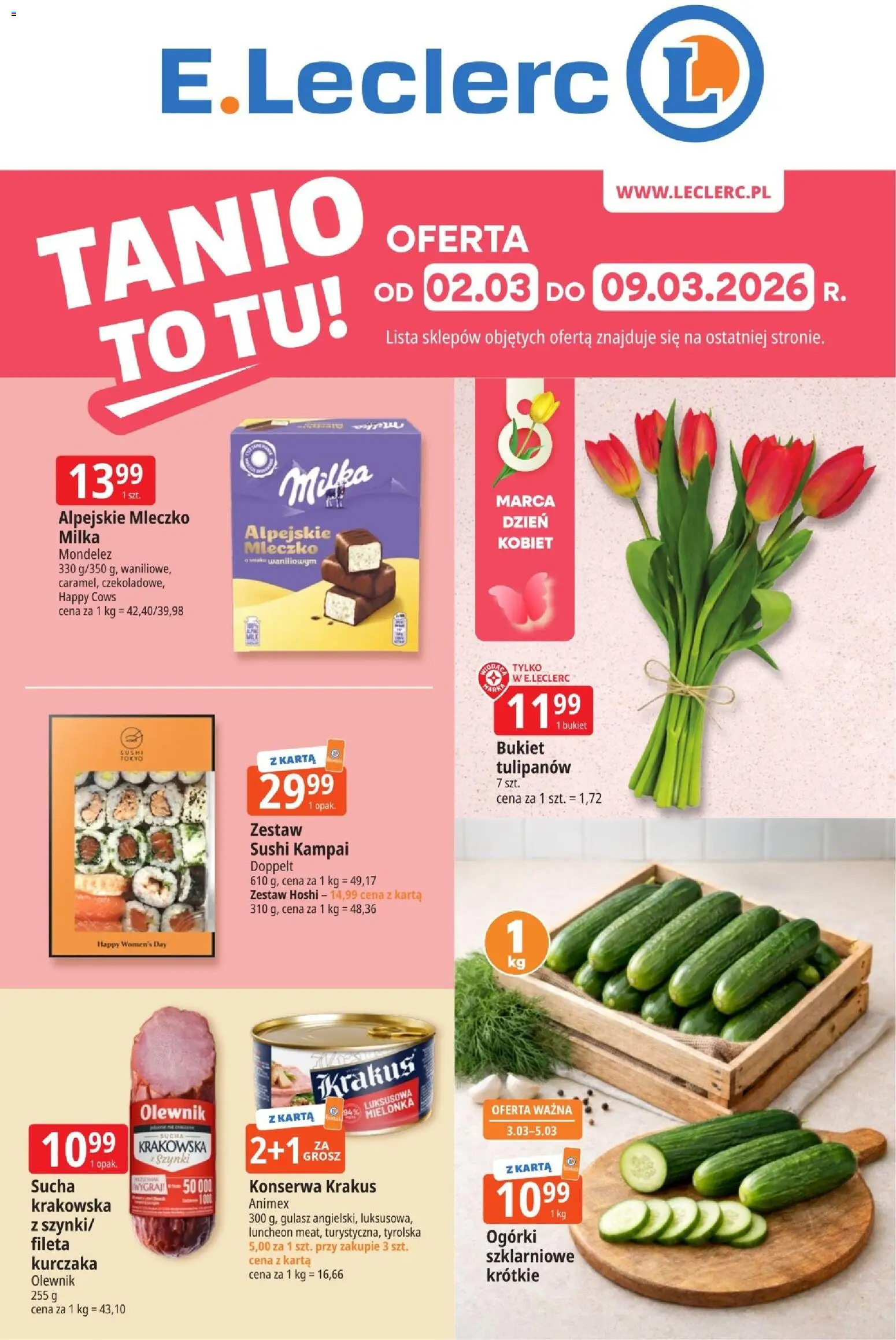 E.Leclerc gazetka - Tychy od 02.03.2026 | Strona: 1 | Produkty: Karta, Milka, Sushi, Ogórki
