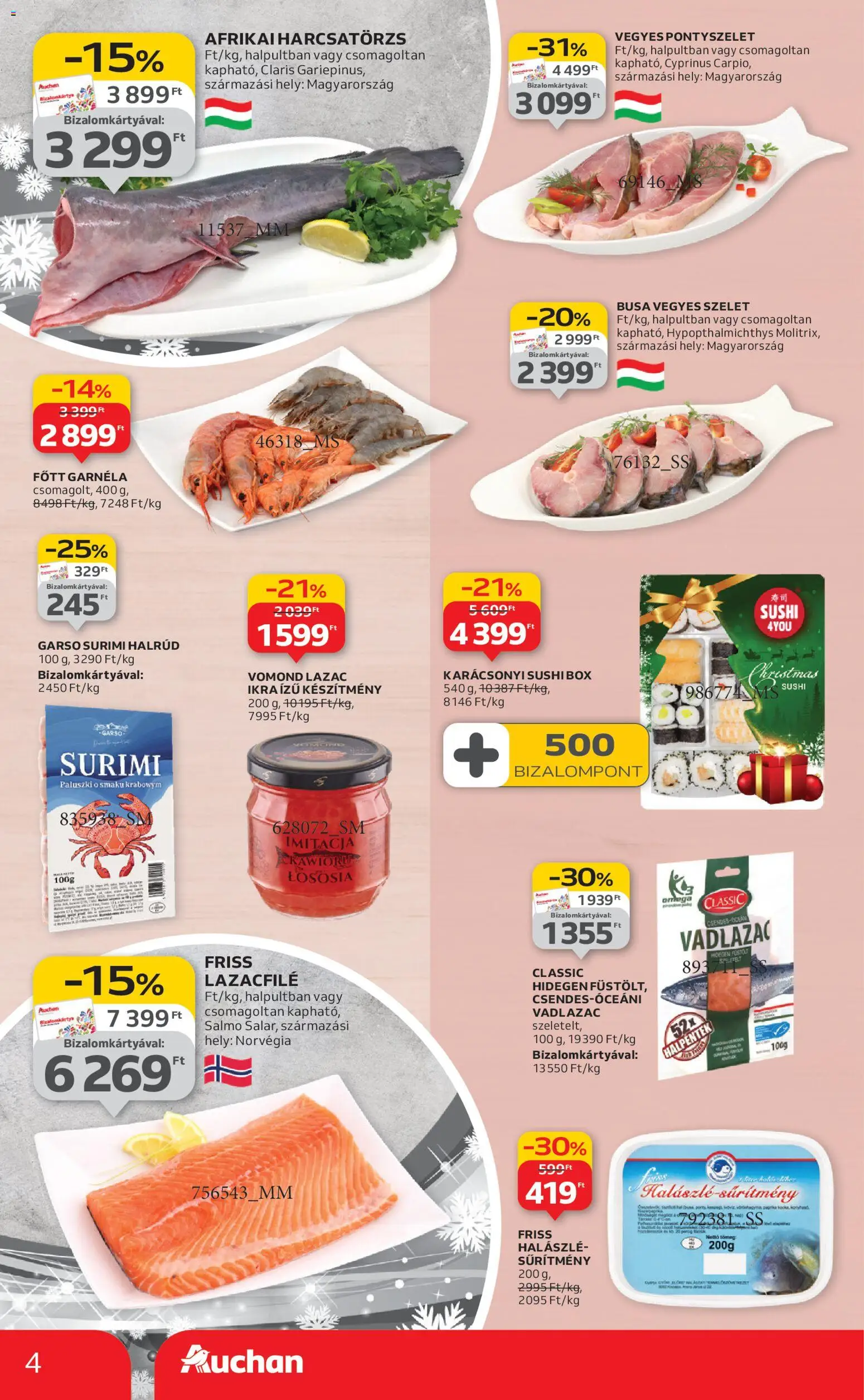 Auchan akciós ujság - amely érvényes a következő dátumtól: 18.12.2025 | Oldal: 4 | Termékek: Lazacfilé, Sushi, Garnéla, Lazac