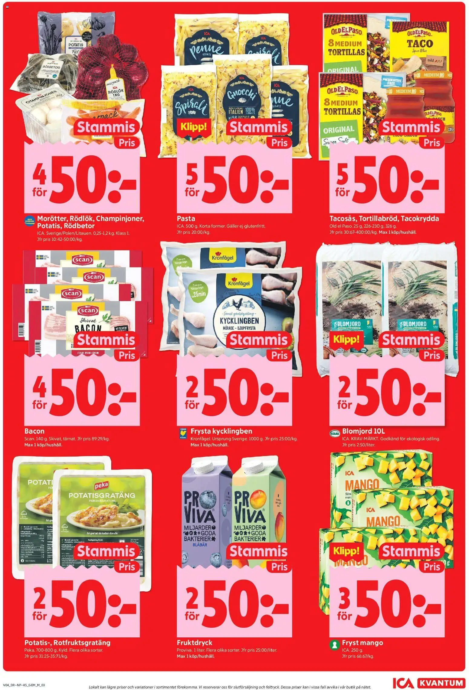 ICA Kvantum reklamblad aktuell från 19.01.2026 | Sida: 3 | Produkter: Bacon, Tacokrydda, Rödlök, Pasta