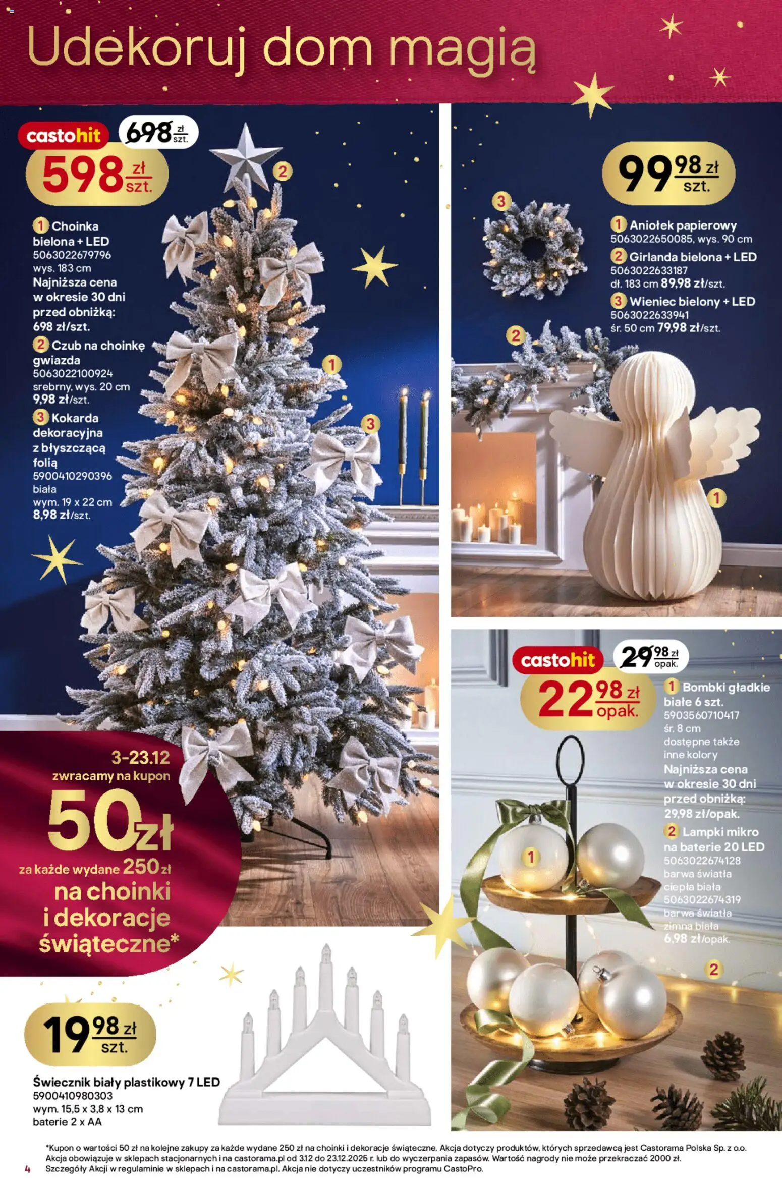 Castorama Gazetka od 03.12.2025 | Strona: 4 | Produkty: Choinka, Wieniec, Lampki, Baterie