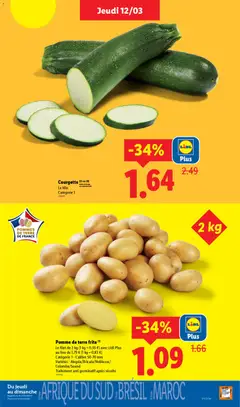 LIDL - Prévisualisation de Pomme de terre frite, Le filet de 2 kg (1 kg = 0,55 €) avec Lidl Plus au lieu de 1,79 € (1 kg = 0,83 €), Catégorie 1 - Calibre 50-70 mm valide à partir de 12.03.2026 | Page: 3 | Produits: Pomme, Courgette, Pomme de terre, Pommes de terre
