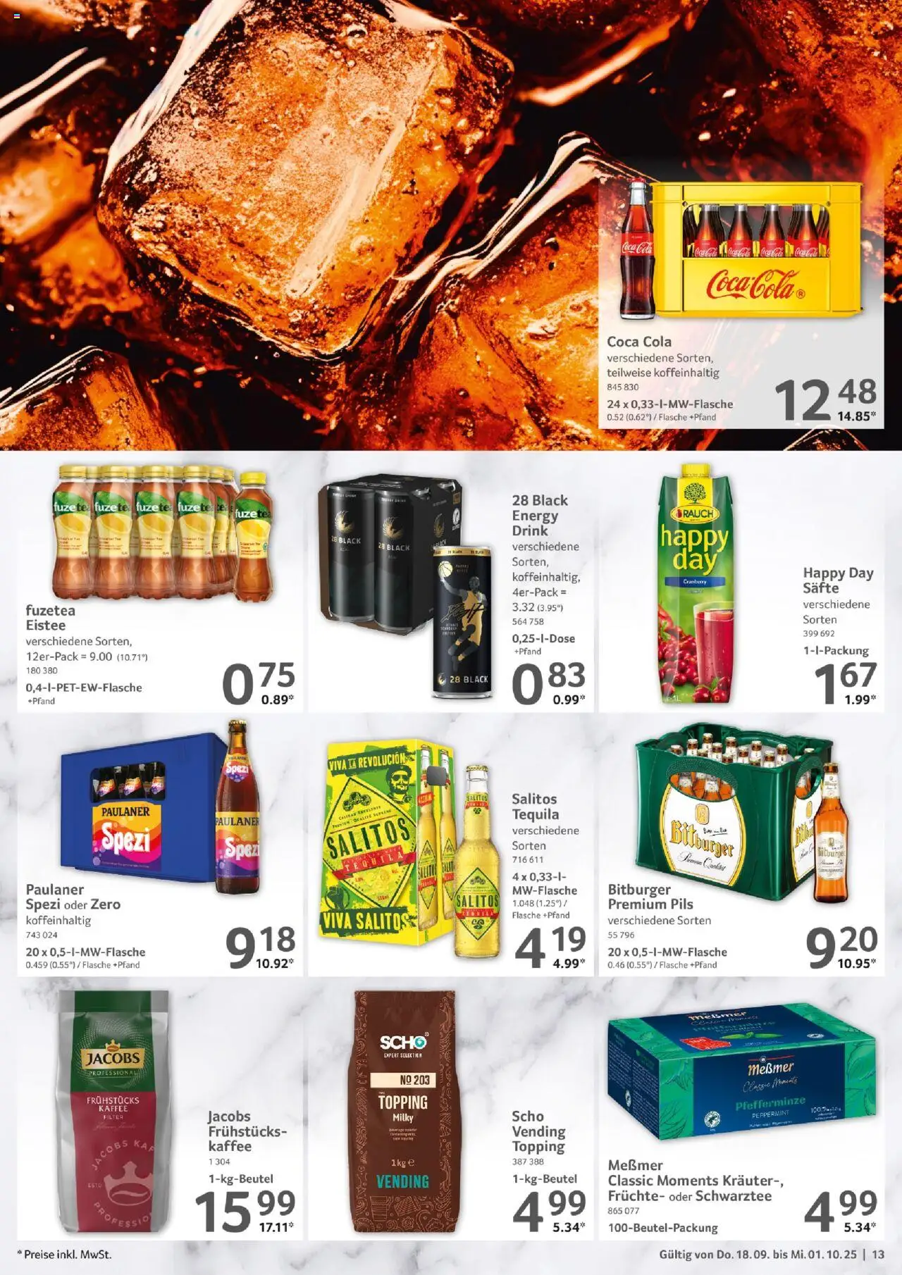 Selgros Gastronomie – gültig ab 18.09.2025 | Seite: 13 | Produkte: Kaffee, Messmer, Pils, Tequila