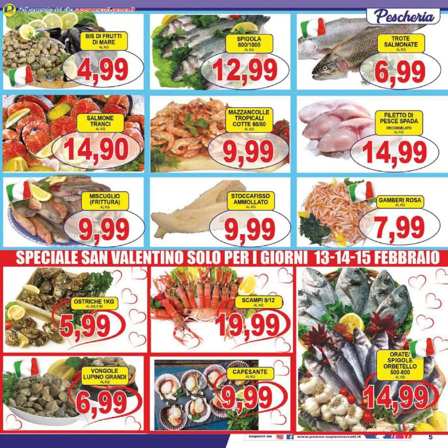 Volantino Pewex del 13.02.2026 | Pagina: 5 | Prodotti: Gamberi, Vongole, Spigola, Pesce spada