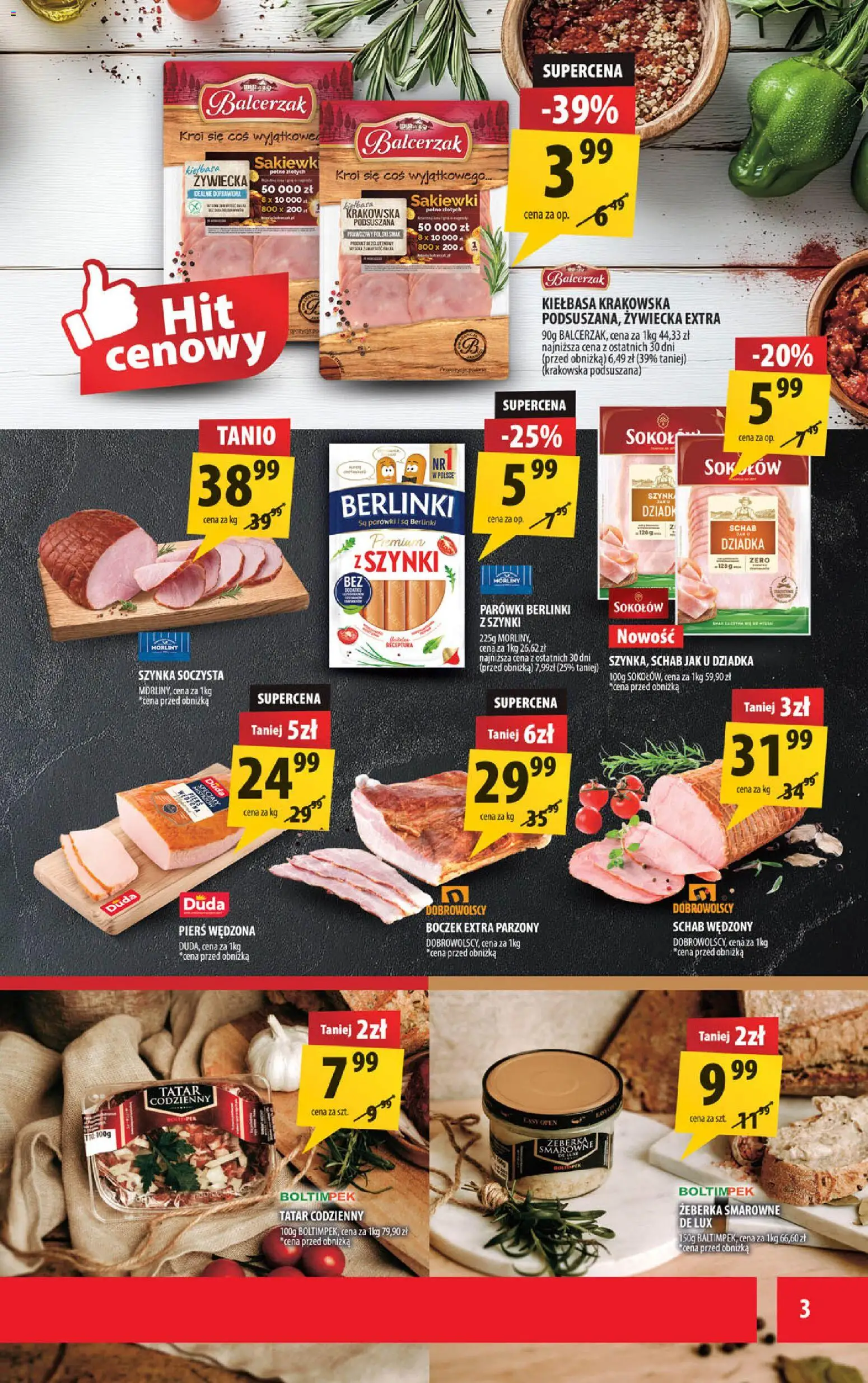 Arhelan gazetka od 08.04.2026 | Strona: 3 | Produkty: Schab, Szynka, Kiełbasa krakowska, Sok