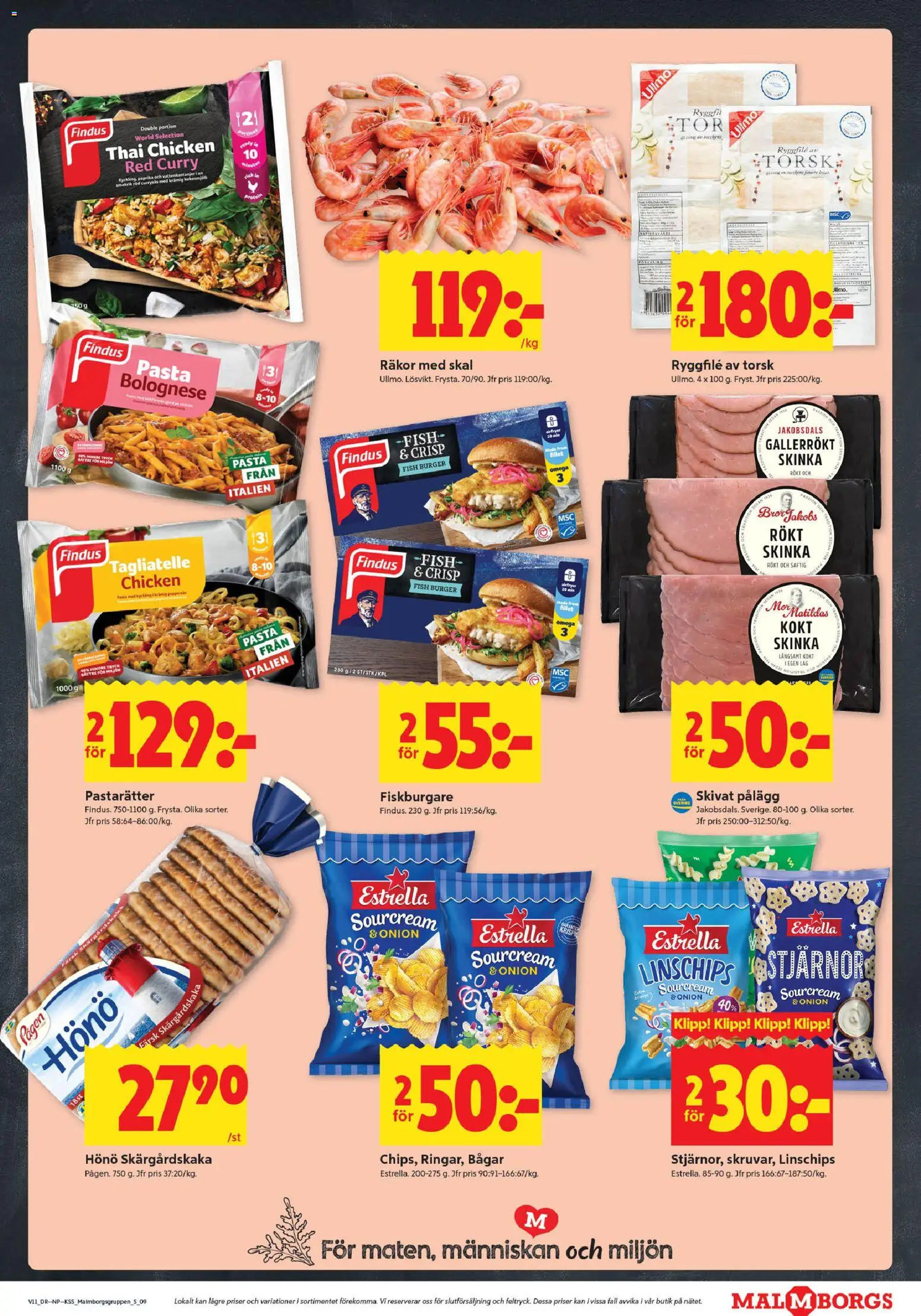 ICA Kvantum reklamblad aktuell från 09.03.2026 | Sida: 9 | Produkter: Linschips, Räkor, Skinka, Pasta