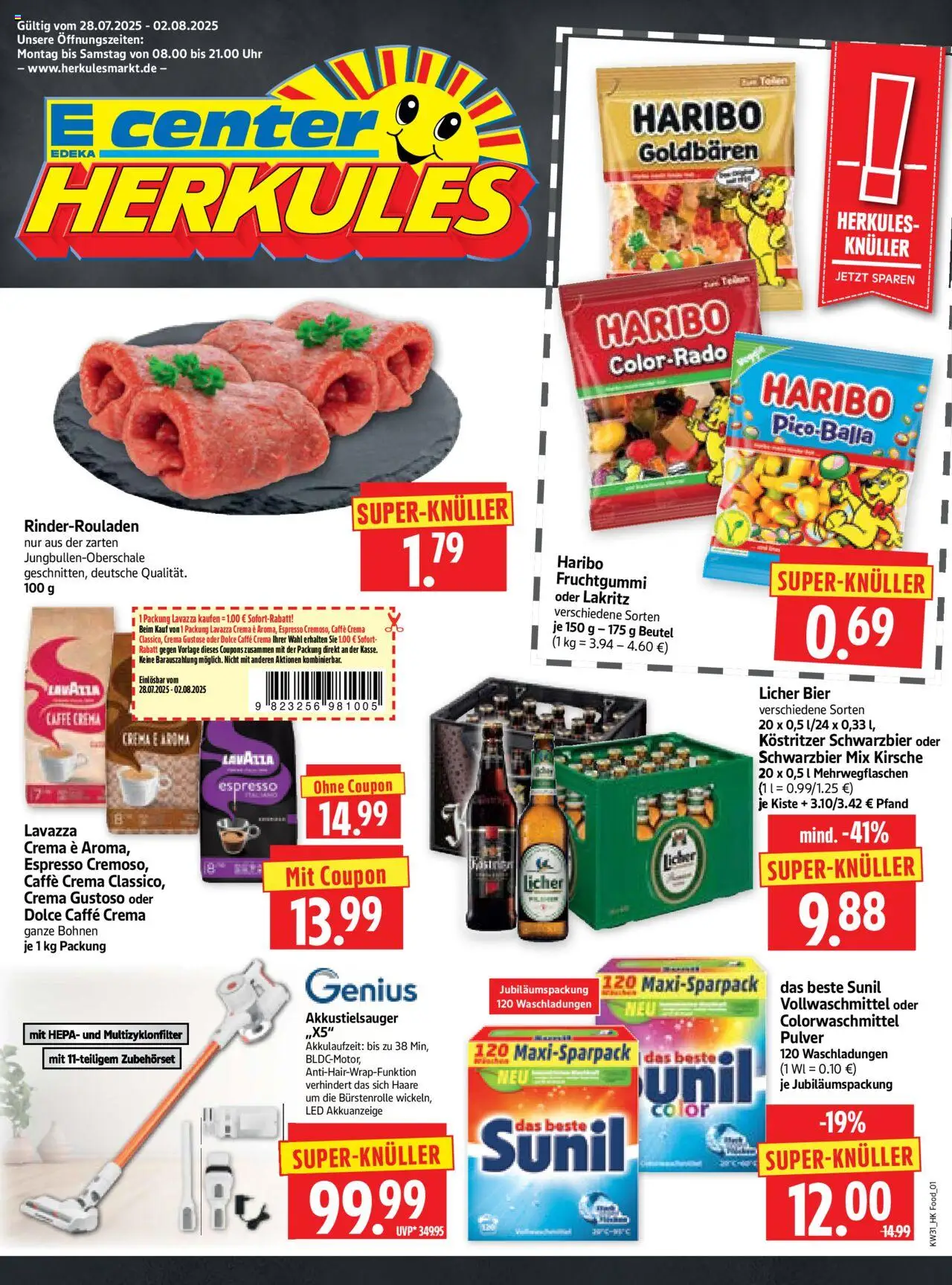 HERKULES Prospekt 	 - gültig ab dem 28.07.2025 | Seite: 1 | Produkte: Lavazza, Haribo, Kostritzer, Bier