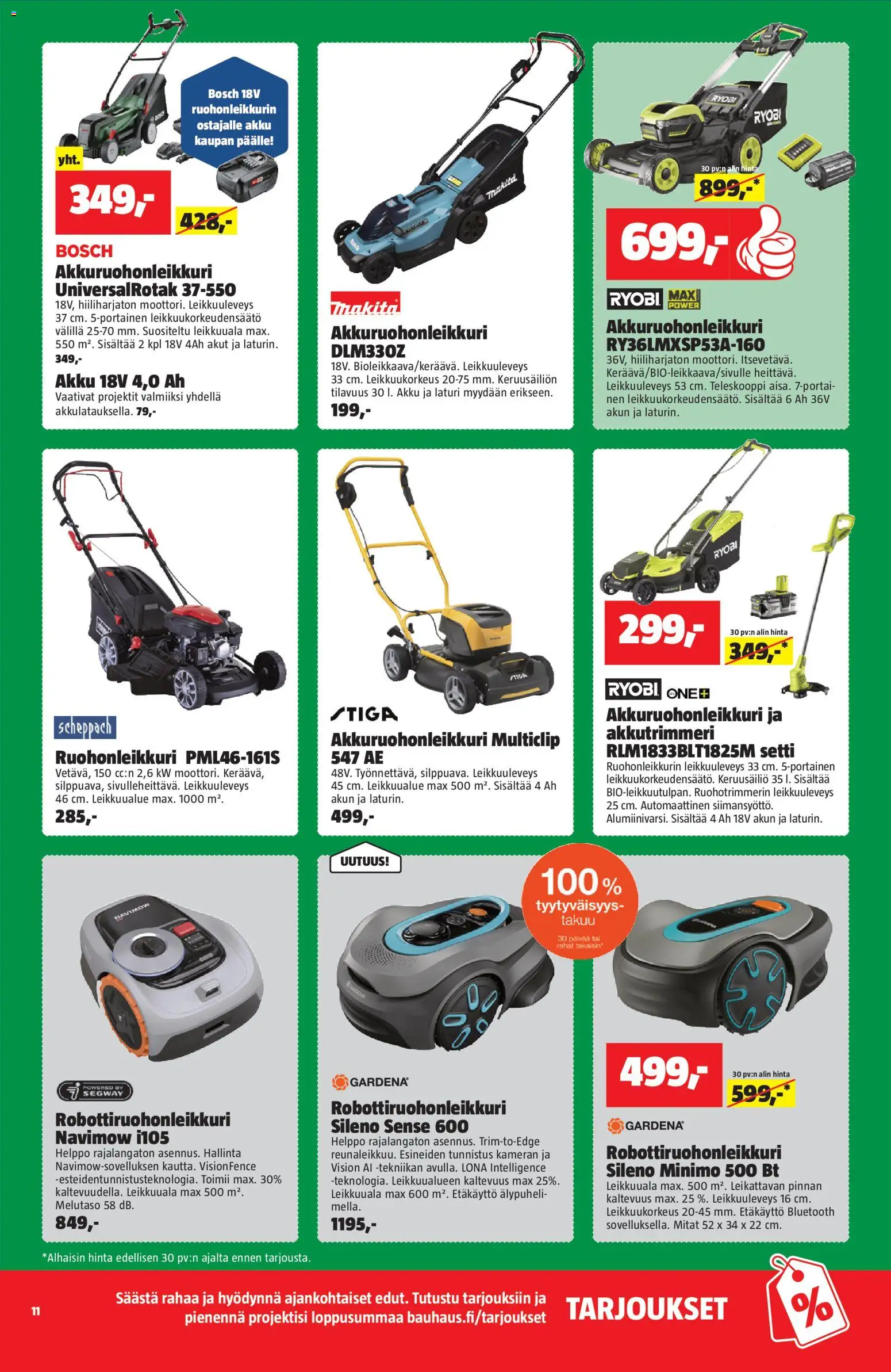 Bauhaus tarjoukset – voimassa 31.03.2026 alkaen | Sivu: 11 | Tuotteet: Robottiruohonleikkuri, Ruohonleikkuri, Akku, Laturi