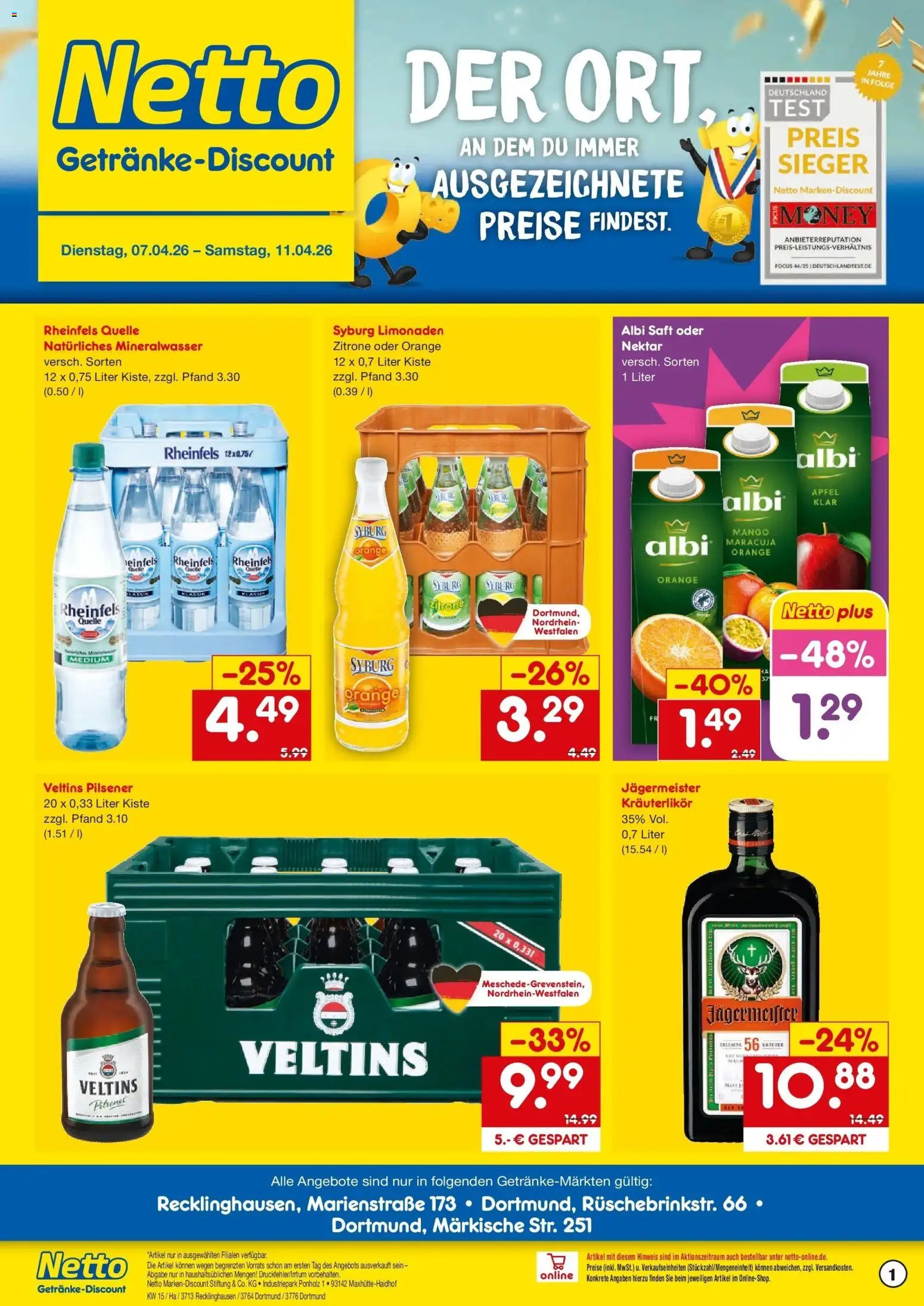 Netto Marken-Discount Prospekt Dortmund	 – gültig ab 07.04.2026 | Seite: 1 | Produkte: Jägermeister, Mango, Saft, Rheinfels quelle