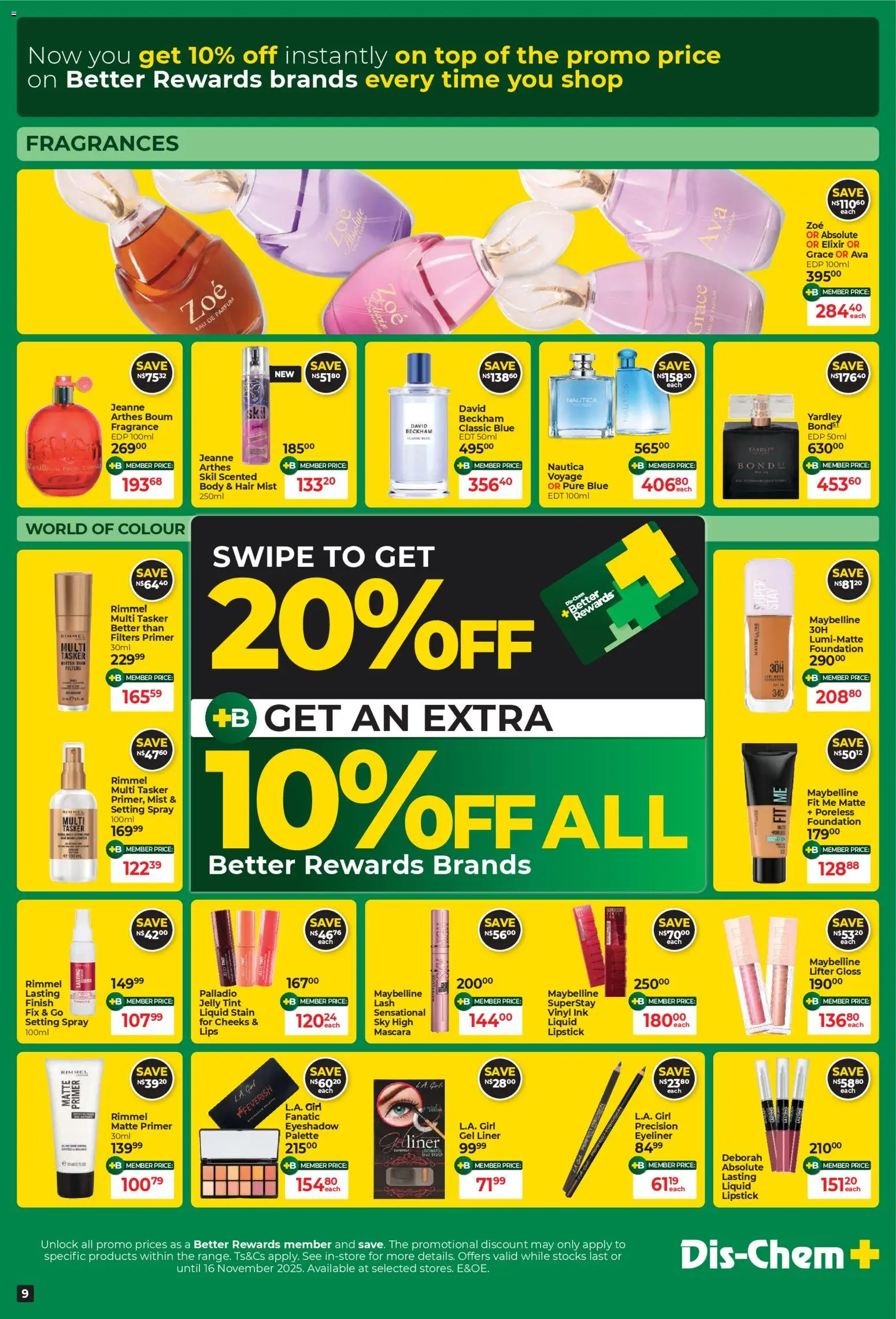 New Dis-Chem catalogue – valid from 21.10.2025 | Page: 9 | Products: Primer, Setting spray, Fragrance, Mascara