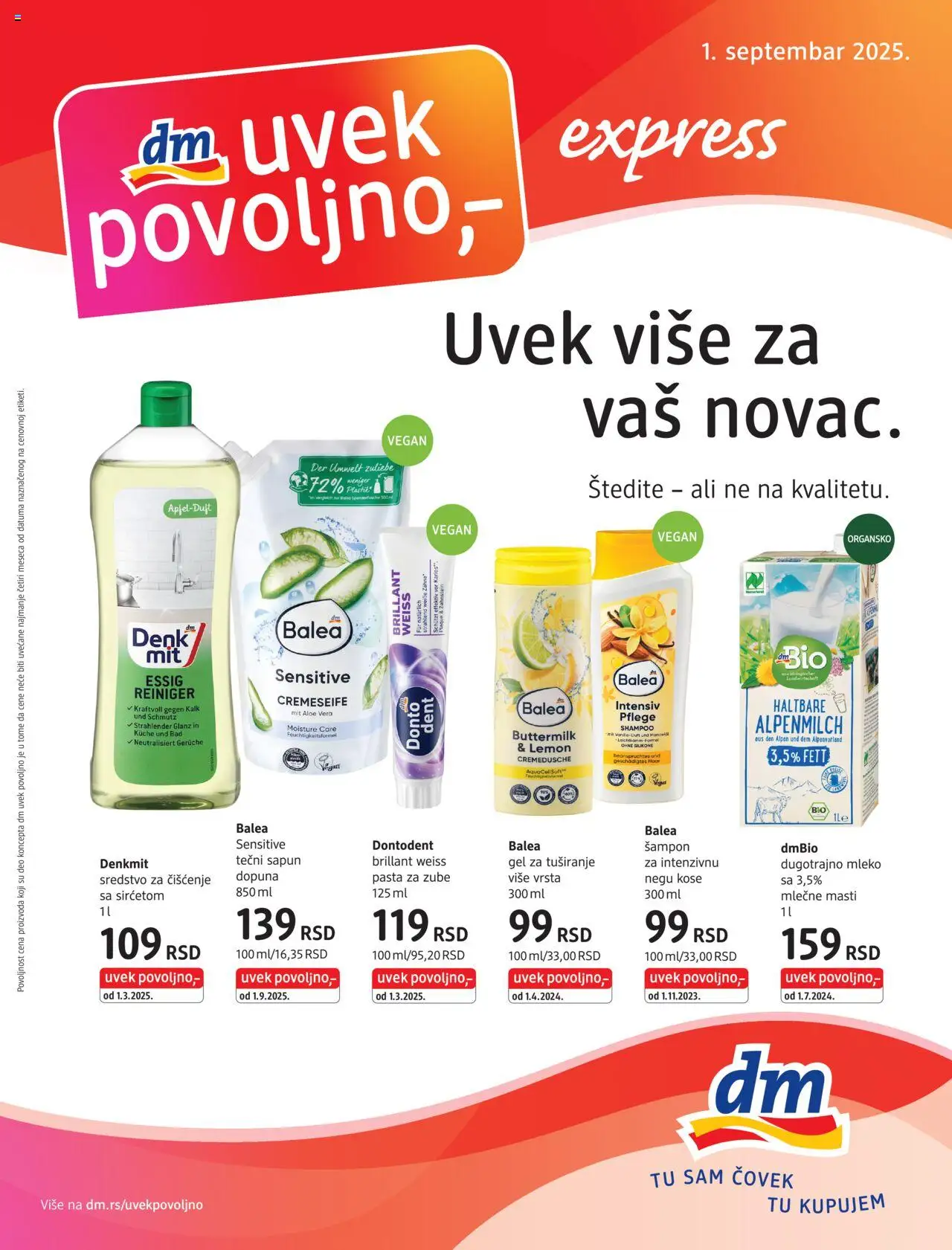 DM Drogerie katalog - važi od 01.09.2025 | Strana: 1 | Proizvode: Tečni sapun, Dugotrajno mleko, Mleko, Pasta za zube