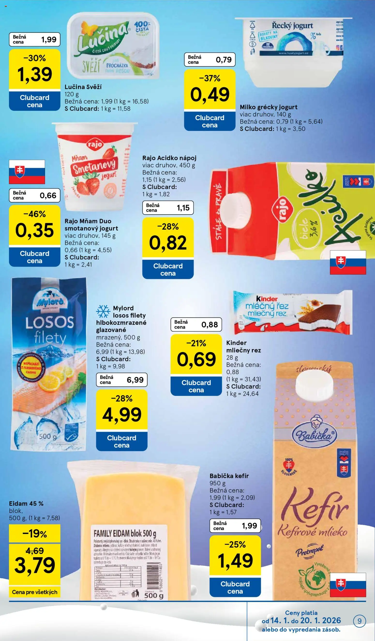 Nové Tesco akcie – leták je platný od 14.01.2026 | Strana: 9 | Produkty: Mlieko, Syr, Kinder, Losos