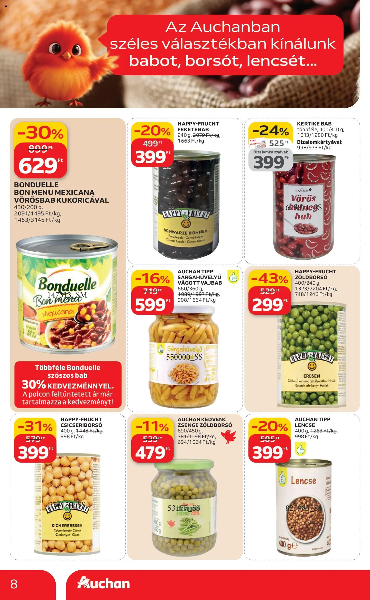 Auchan akciós ujság - amely érvényes a következő dátumtól: 05.02.2026 | Oldal: 8 | Termékek: Zöldborsó, Csicseriborsó, Lencse