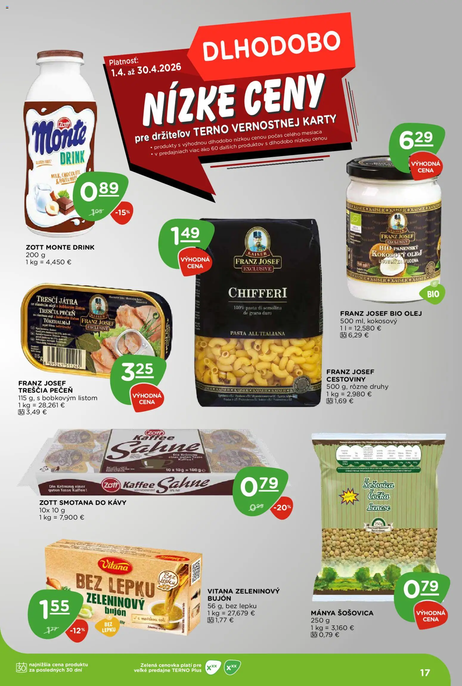 Nové Terno akcie – leták je platný od 23.04.2026 | Strana: 17 | Produkty: Olej, Bujón, Smotana, Šošovica