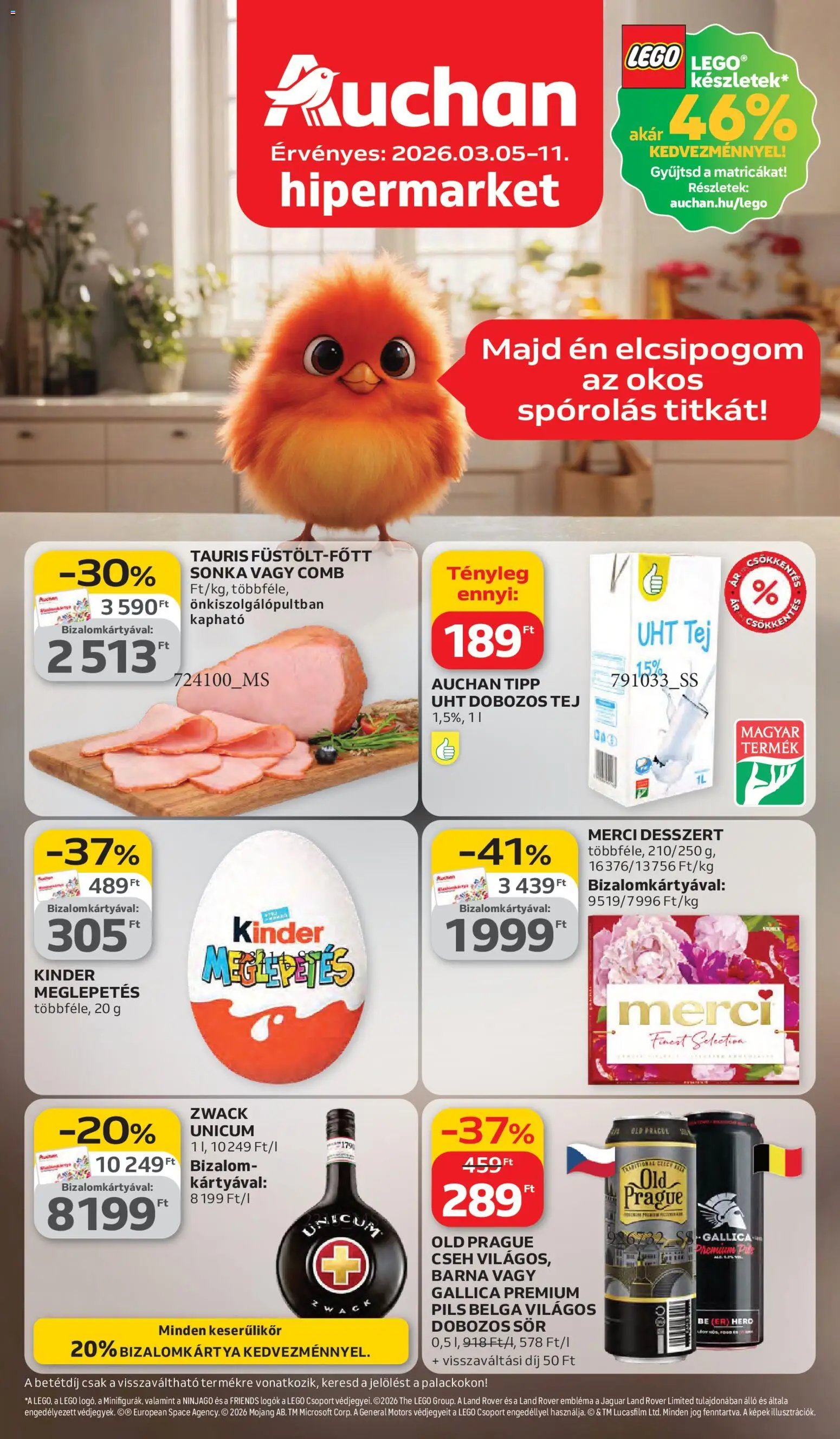 Auchan akciós ujság - amely érvényes a következő dátumtól: 05.03.2026 | Oldal: 1 | Termékek: Sonka, Tej, Dobozos sör, Sör