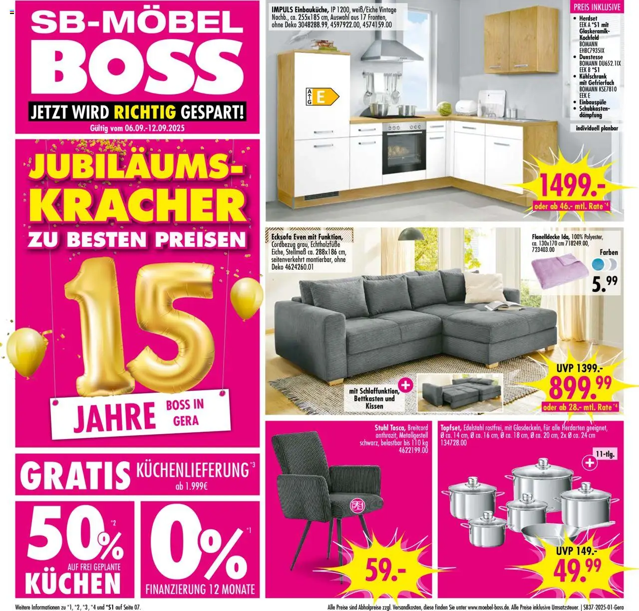 SB Möbel Boss Prospekt Gera	 – gültig ab 06.09.2025 | Seite: 1 | Produkte: Ecksofa, Kissen, Stuhl, Kühlschrank