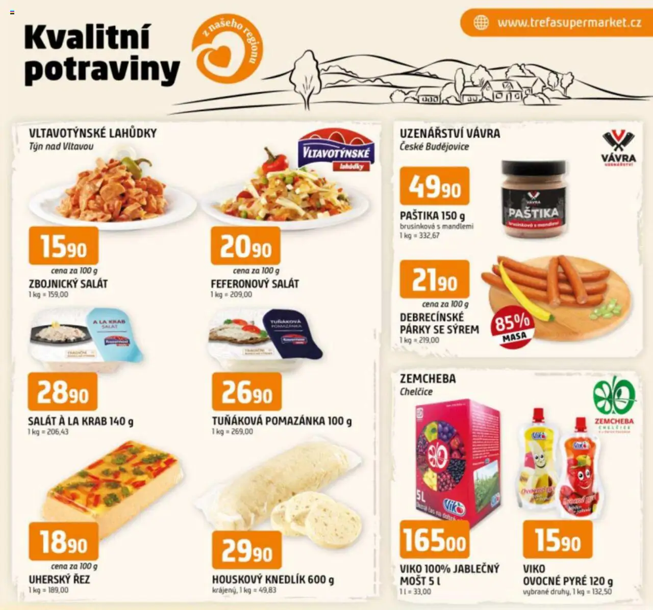 Trefa leták - Kvalitní potraviny z našeho regionu od 15.10.2025 | Strana: 1 | Produkty: Tuňáková pomazánka, Salát, Pomazánka, Paštika
