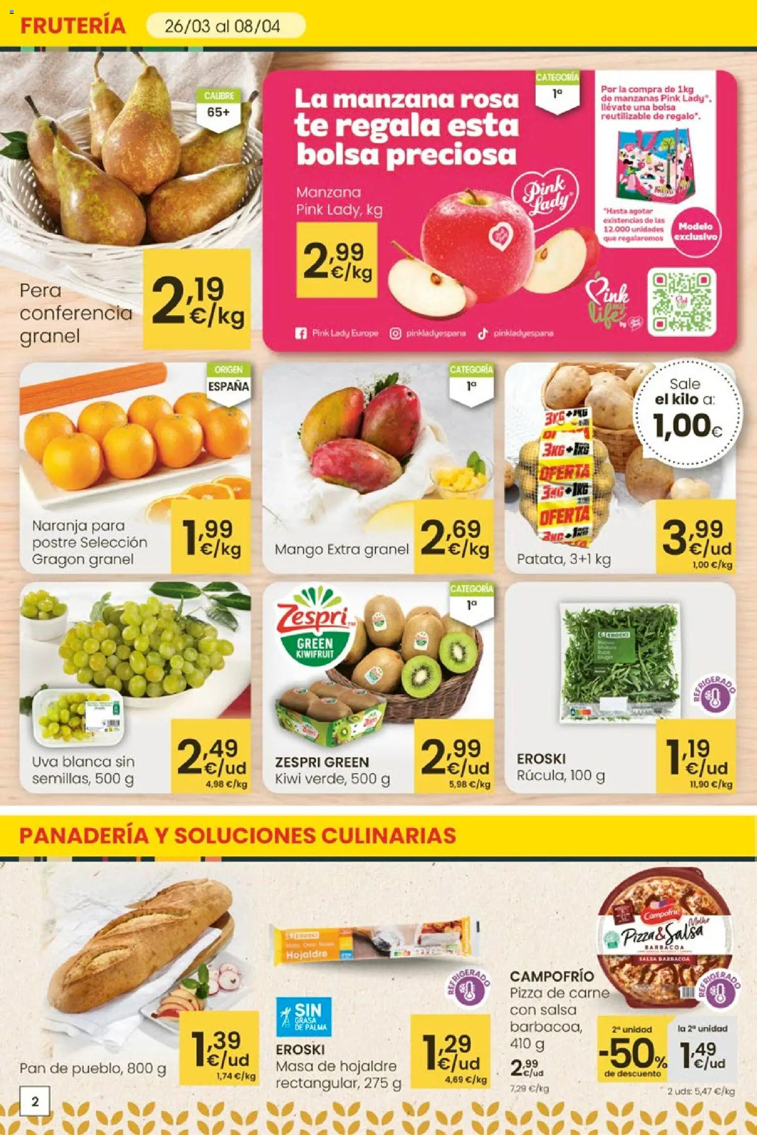 Eroski Aliprox  │ válido desde el 26.03.2026 | Página: 2 | Productos: Pan, Pizza, Manzanas, Té