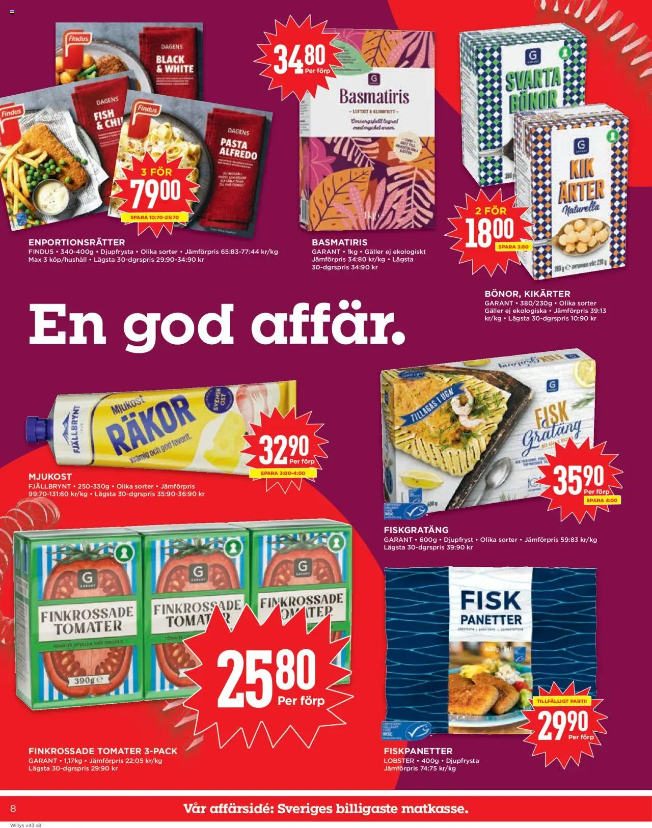 Willys reklamblad aktuell från 20.10.2025 | Sida: 8 | Produkter: Galler, Räkor, Tomater, Bönor